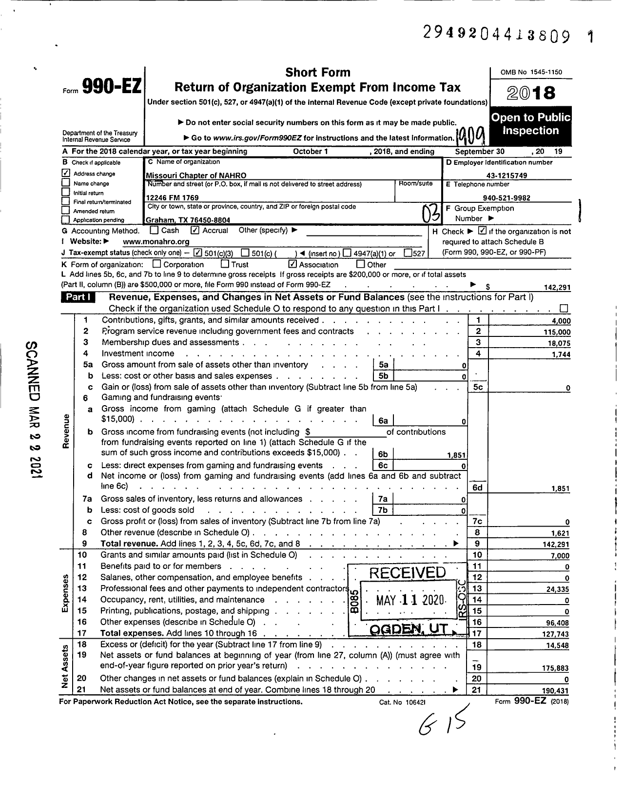 Image of first page of 2018 Form 990EZ for NATIONAL ASSOCIATION OF HOUSING & REDEVELOPMENT OFFICALS Missouri Chapter OF NAHRO