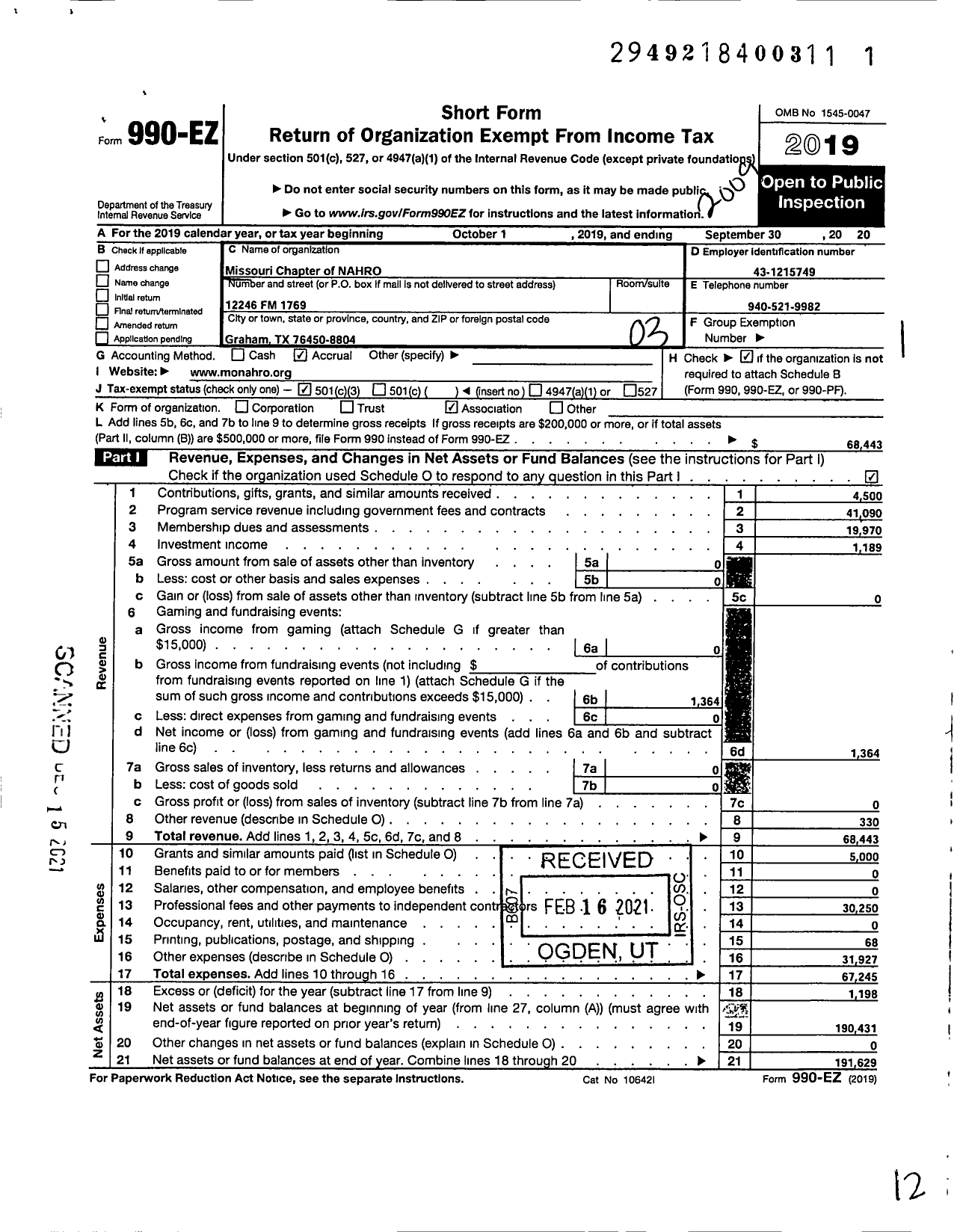 Image of first page of 2019 Form 990EZ for NATIONAL ASSOCIATION OF HOUSING & REDEVELOPMENT OFFICALS Missouri Chapter OF NAHRO