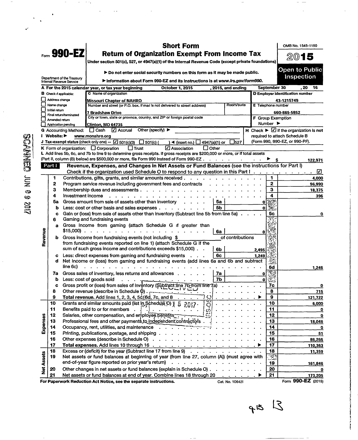 Image of first page of 2015 Form 990EZ for NATIONAL ASSOCIATION OF HOUSING & REDEVELOPMENT OFFICALS Missouri Chapter OF NAHRO