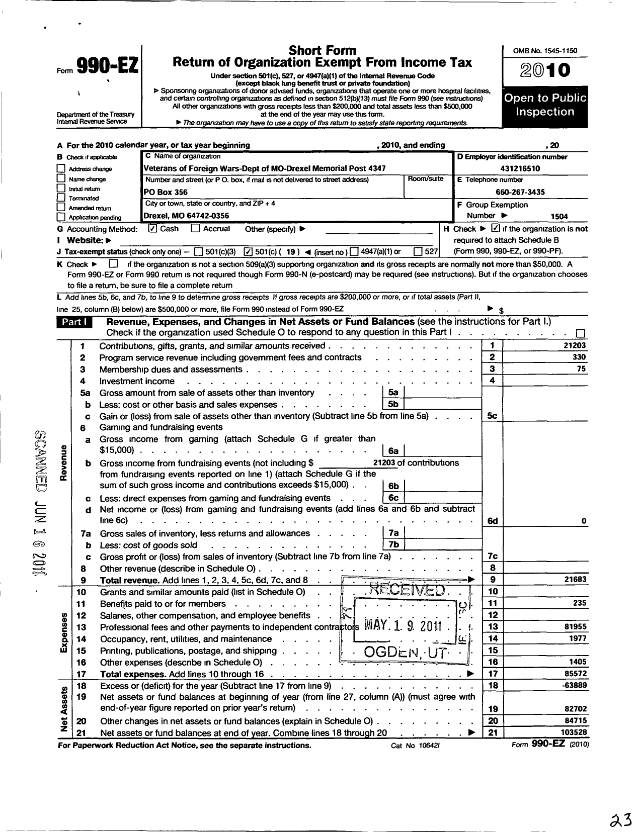 Image of first page of 2010 Form 990EO for VFW Missouri - 4347 VFW Post