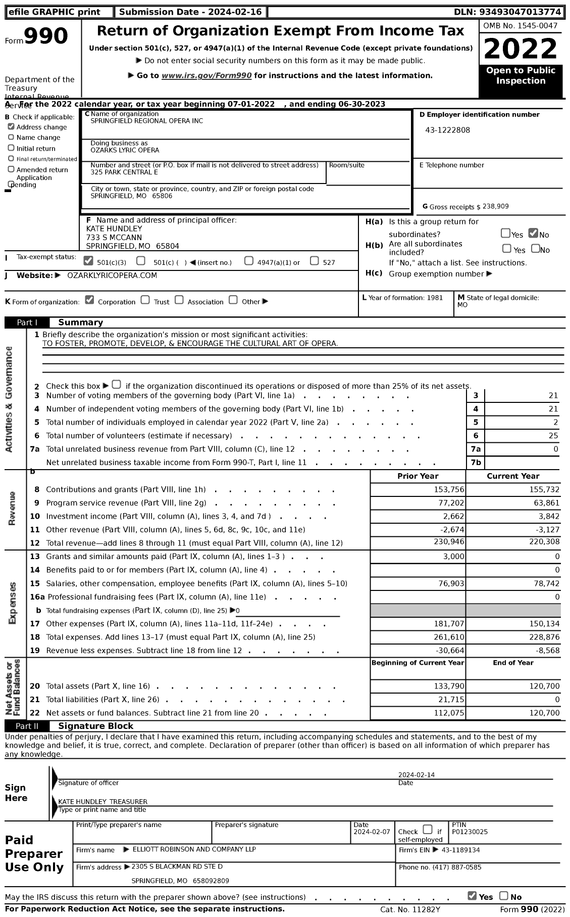 Image of first page of 2022 Form 990 for Ozarks Lyric Opera