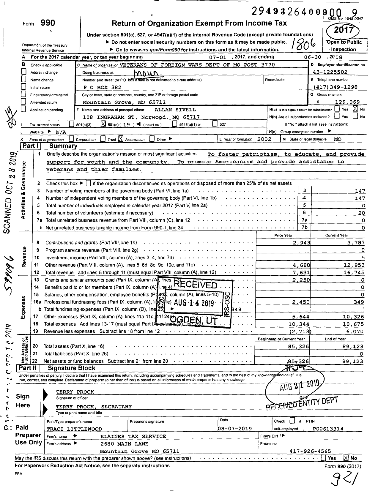 Image of first page of 2017 Form 990O for Veterans of Foreign Wars of Mo Post 3770