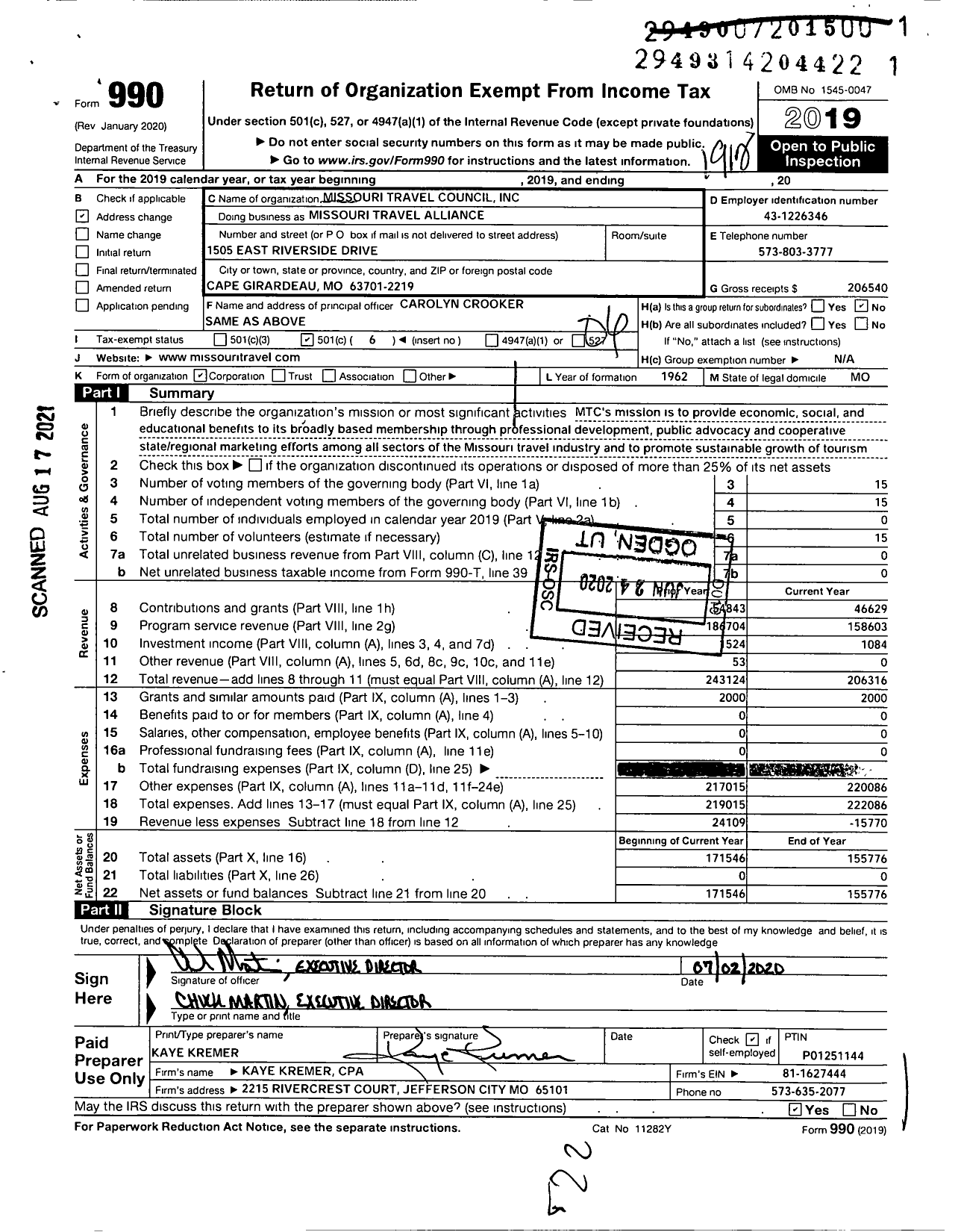 Image of first page of 2019 Form 990O for Missouri Travel Council Missouri Travel Alliance