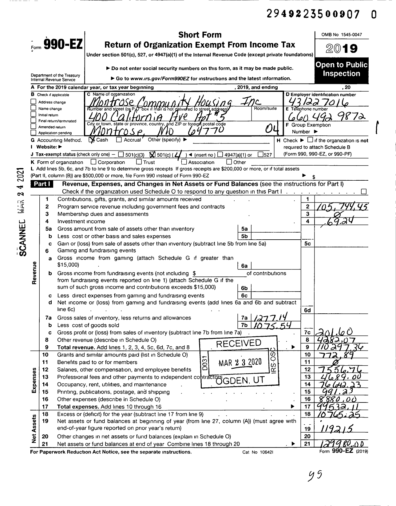 Image of first page of 2019 Form 990EO for Montrose Community Housing