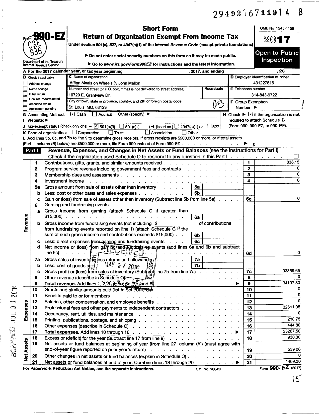 Image of first page of 2017 Form 990EZ for Affton Meals on Wheels