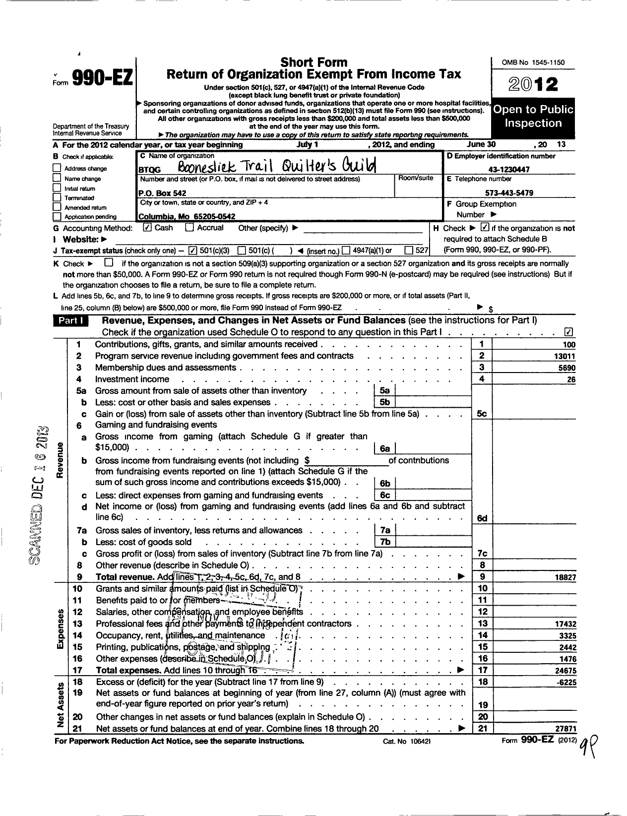 Image of first page of 2012 Form 990EZ for Booneslick Trail Quilters Guild