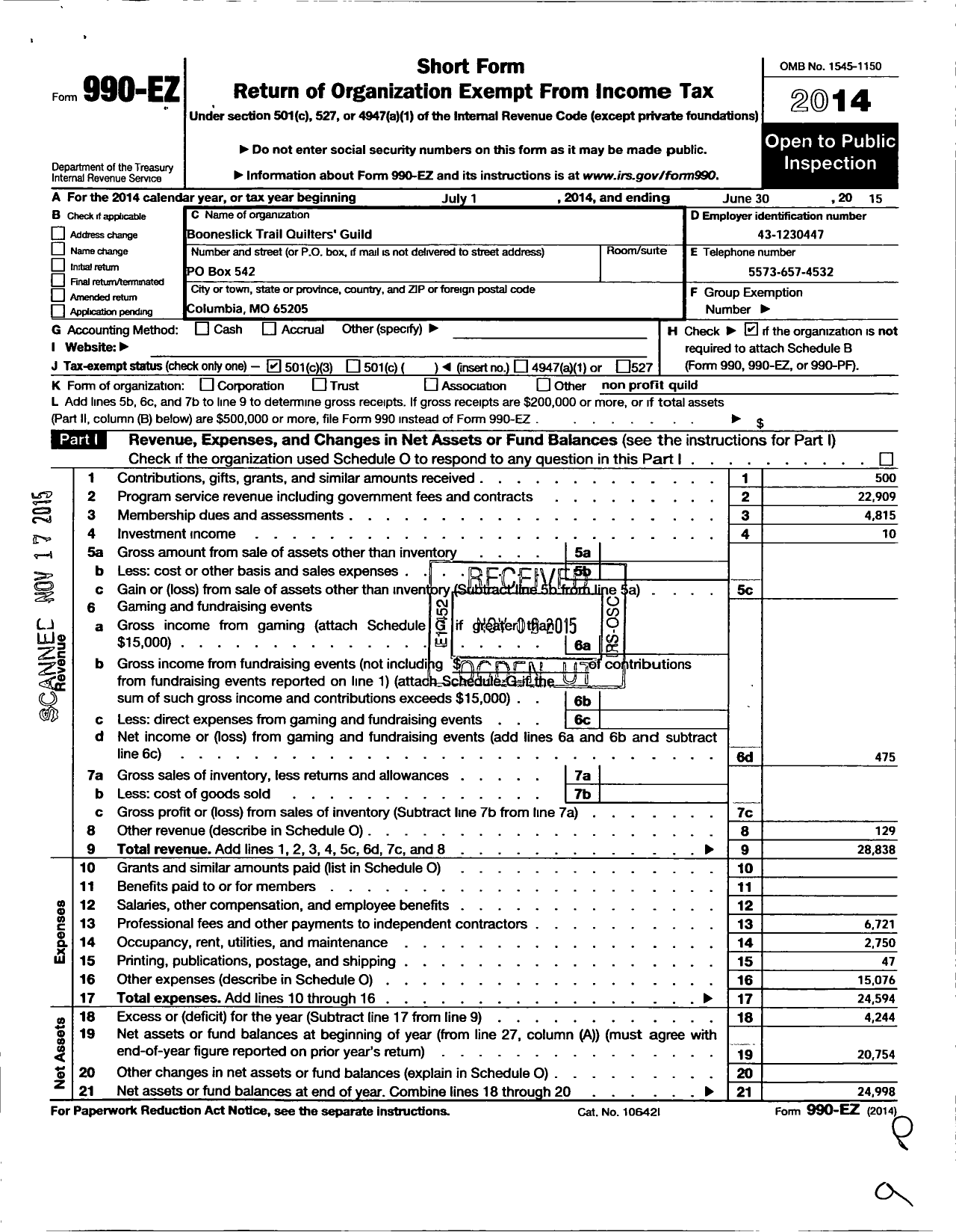 Image of first page of 2014 Form 990EZ for Booneslick Trail Quilters Guild