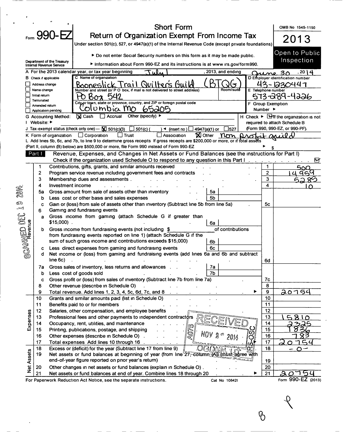 Image of first page of 2013 Form 990EZ for Booneslick Trail Quilters Guild