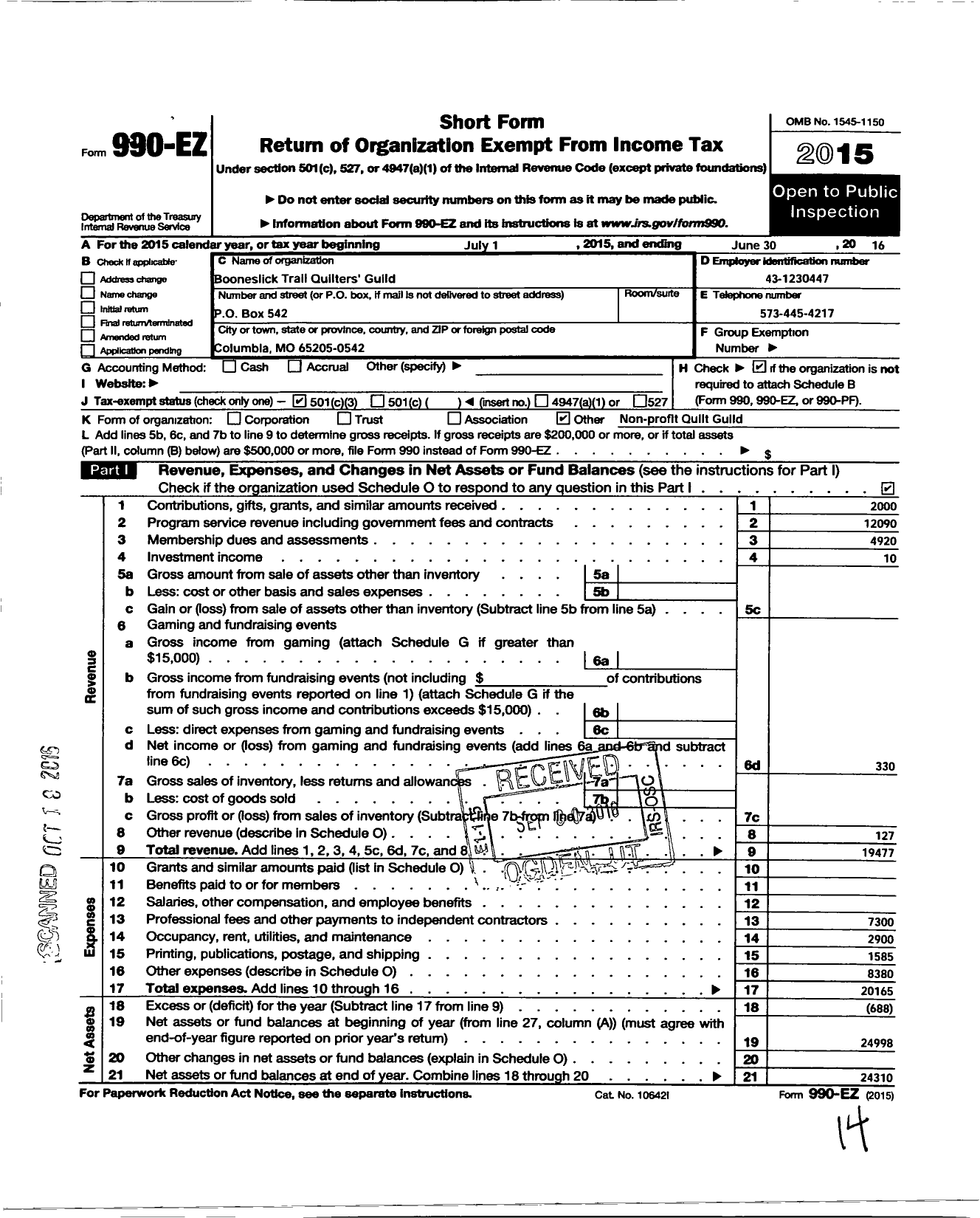 Image of first page of 2015 Form 990EZ for Booneslick Trail Quilters Guild