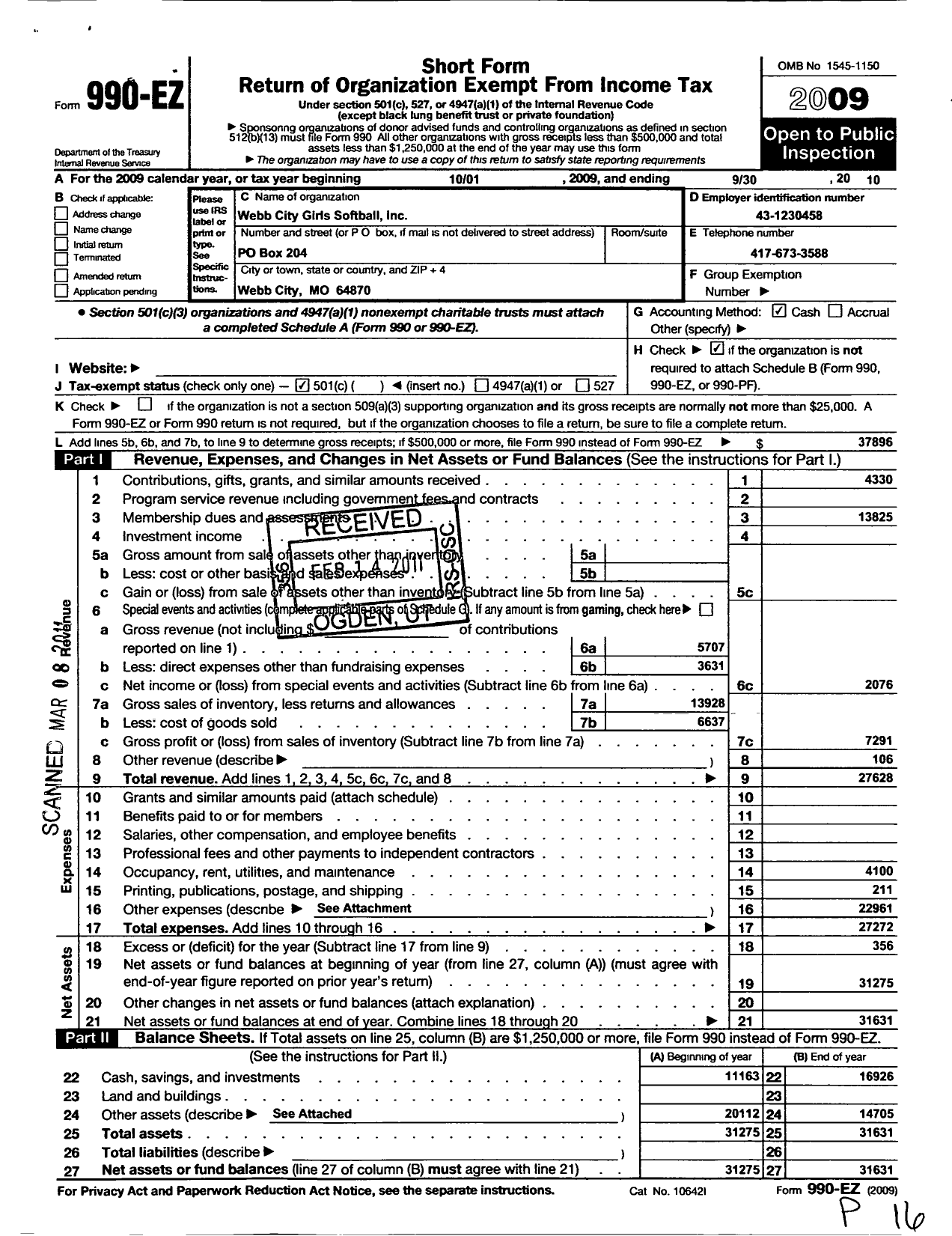 Image of first page of 2009 Form 990EO for Webb City Youth Baseball Softball