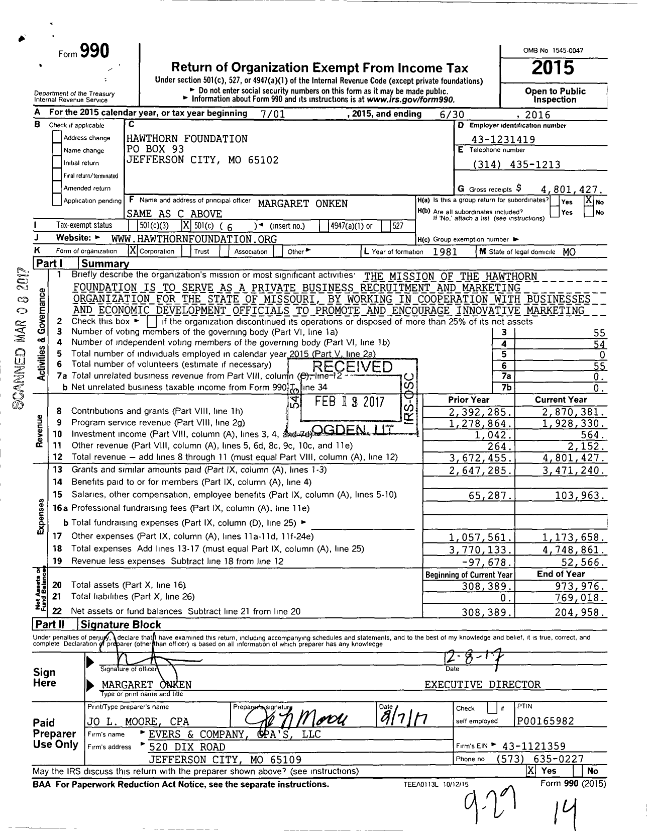 Image of first page of 2015 Form 990O for Hawthorn Foundation
