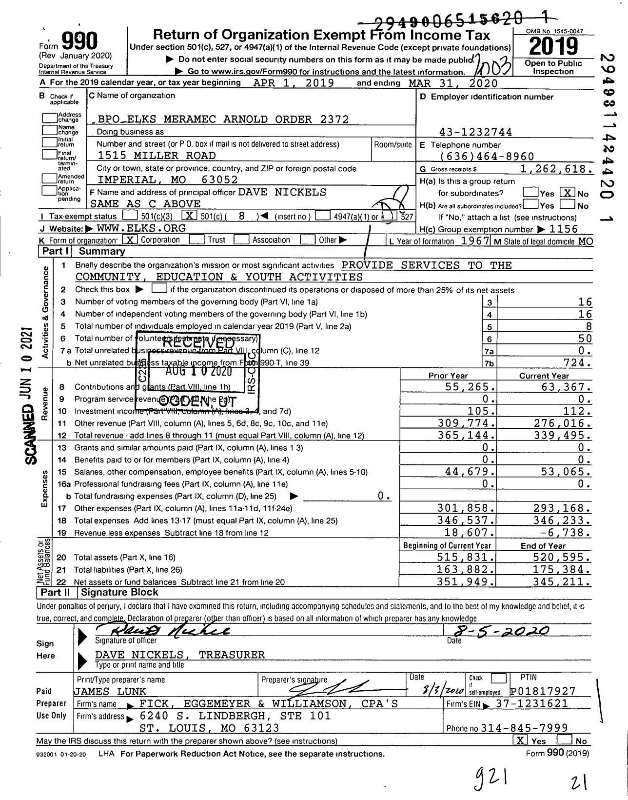 Image of first page of 2019 Form 990O for Benevolent and Protective Order of Elks - 2372 Meramac Arnold