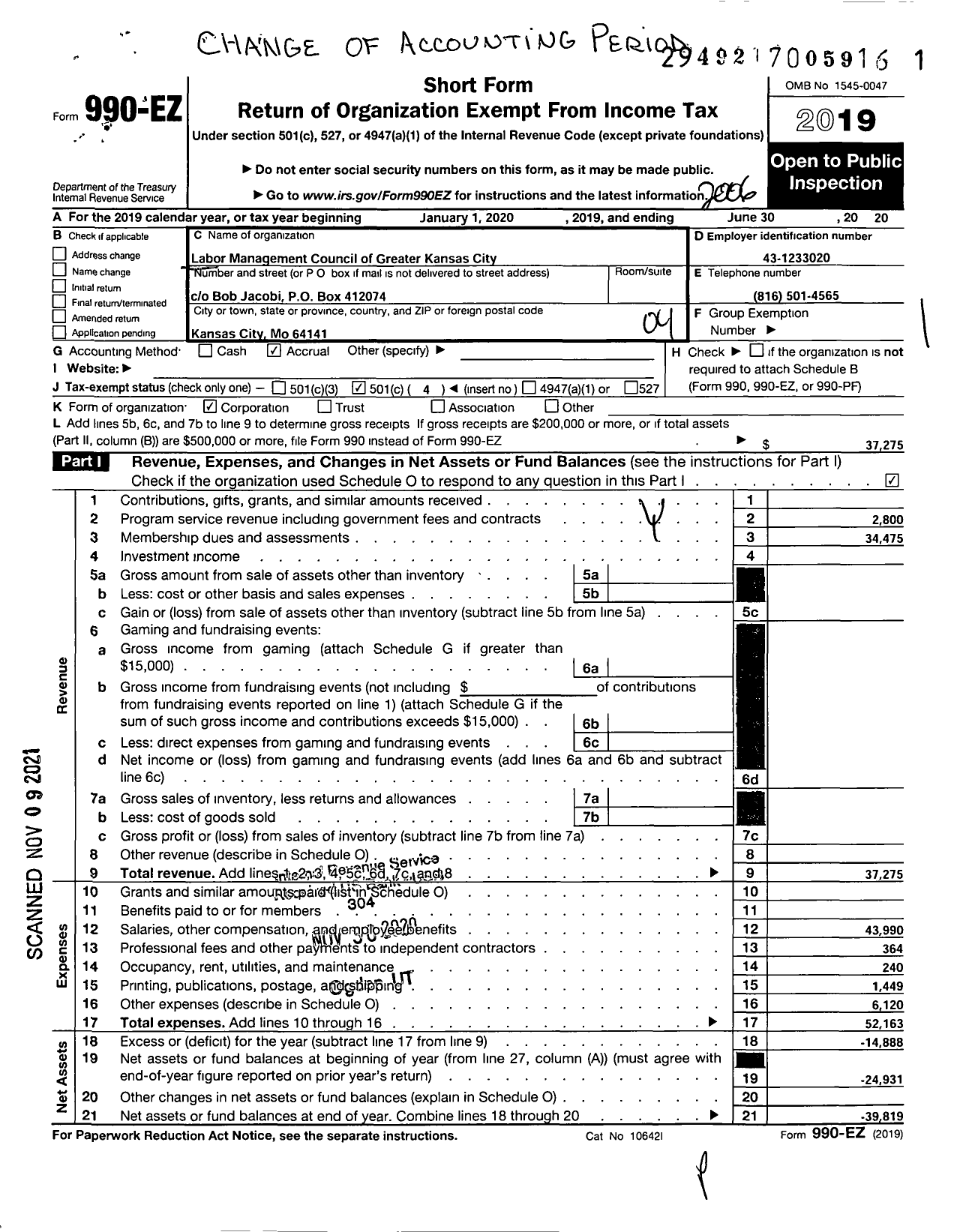 Image of first page of 2019 Form 990EO for Labor Management Council of Greater Kansas City