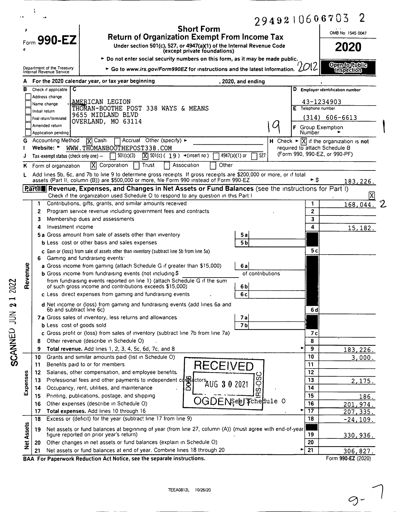 Image of first page of 2020 Form 990EO for Thoman-Boothe POST 338 the AMERICAN LEGION