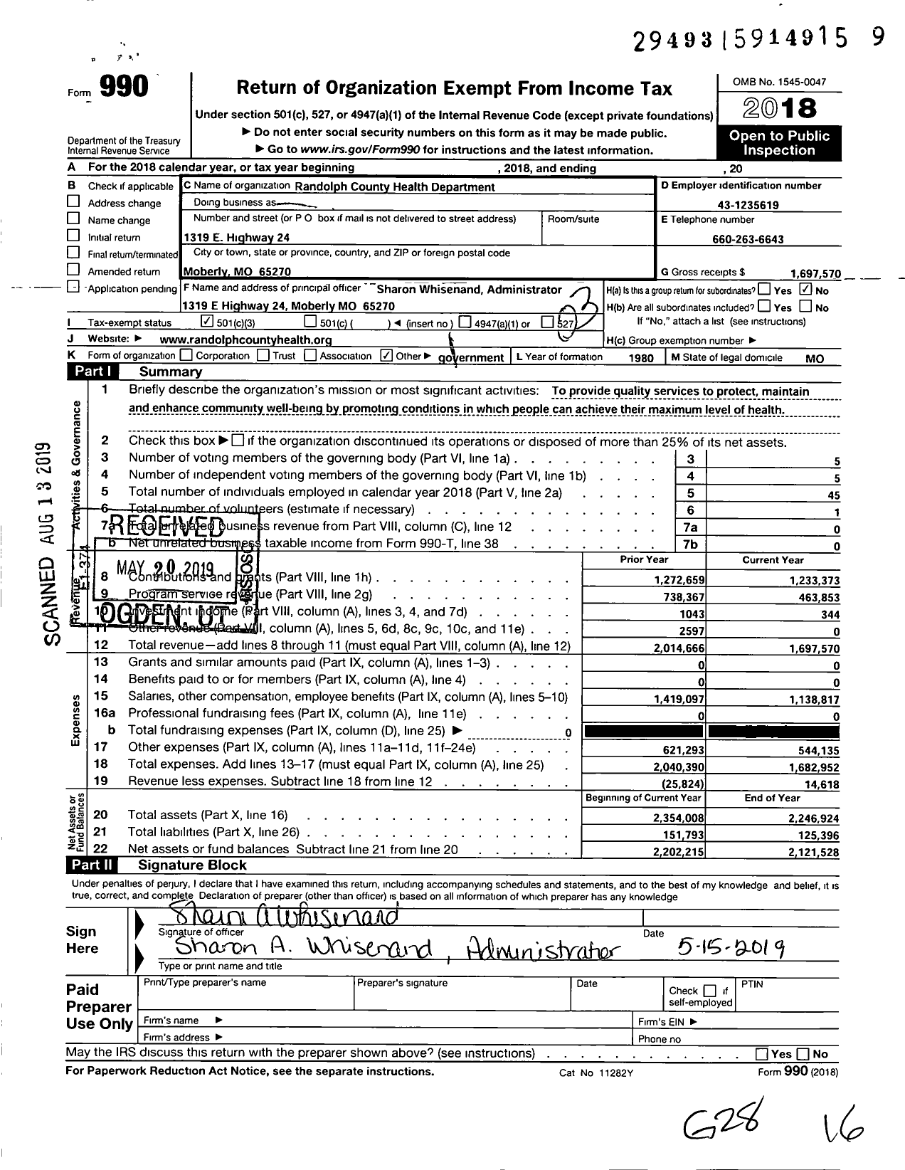 Image of first page of 2018 Form 990 for Randolph County Health Department