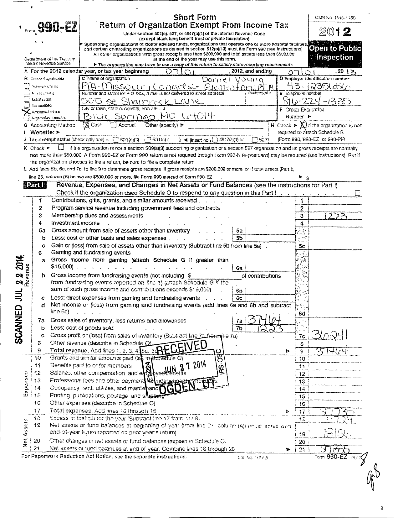 Image of first page of 2012 Form 990EO for PTA Missouri Congress / Daniel Young Elementary PTA