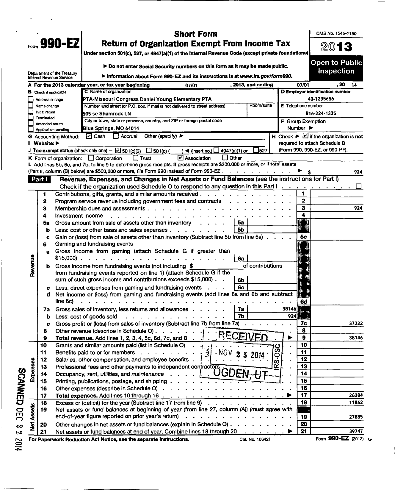 Image of first page of 2013 Form 990EZ for PTA Missouri Congress / Daniel Young Elementary PTA