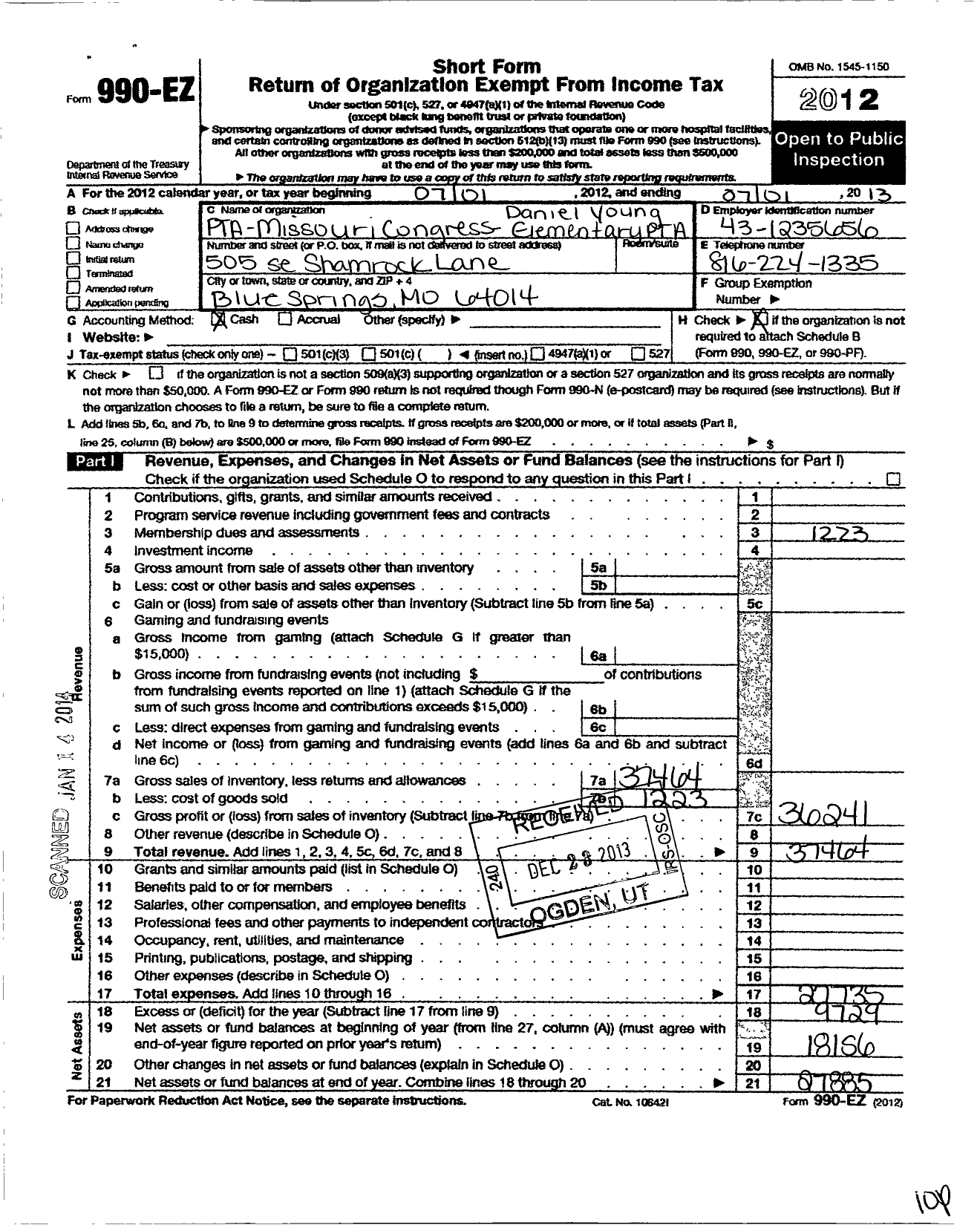 Image of first page of 2012 Form 990EO for PTA Missouri Congress / Daniel Young Elementary PTA