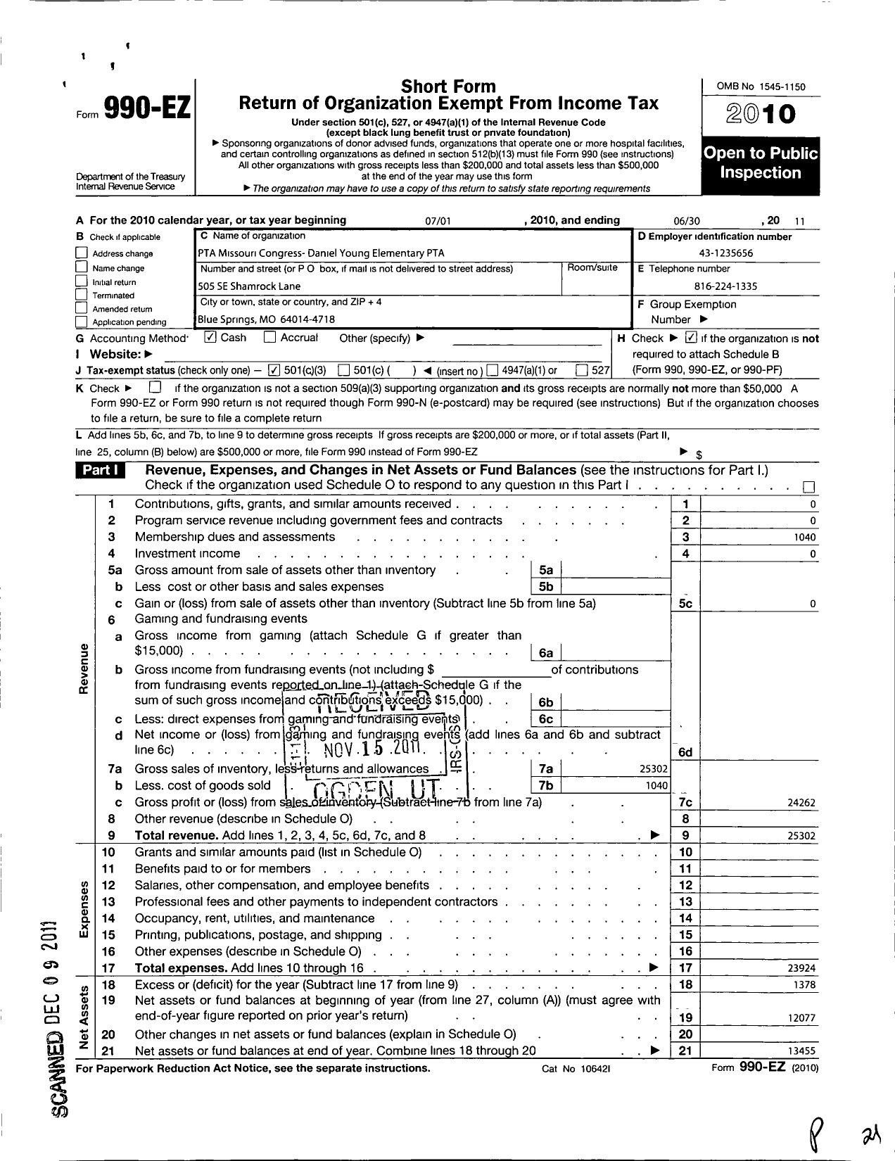 Image of first page of 2010 Form 990EZ for PTA Missouri Congress / Daniel Young Elementary PTA