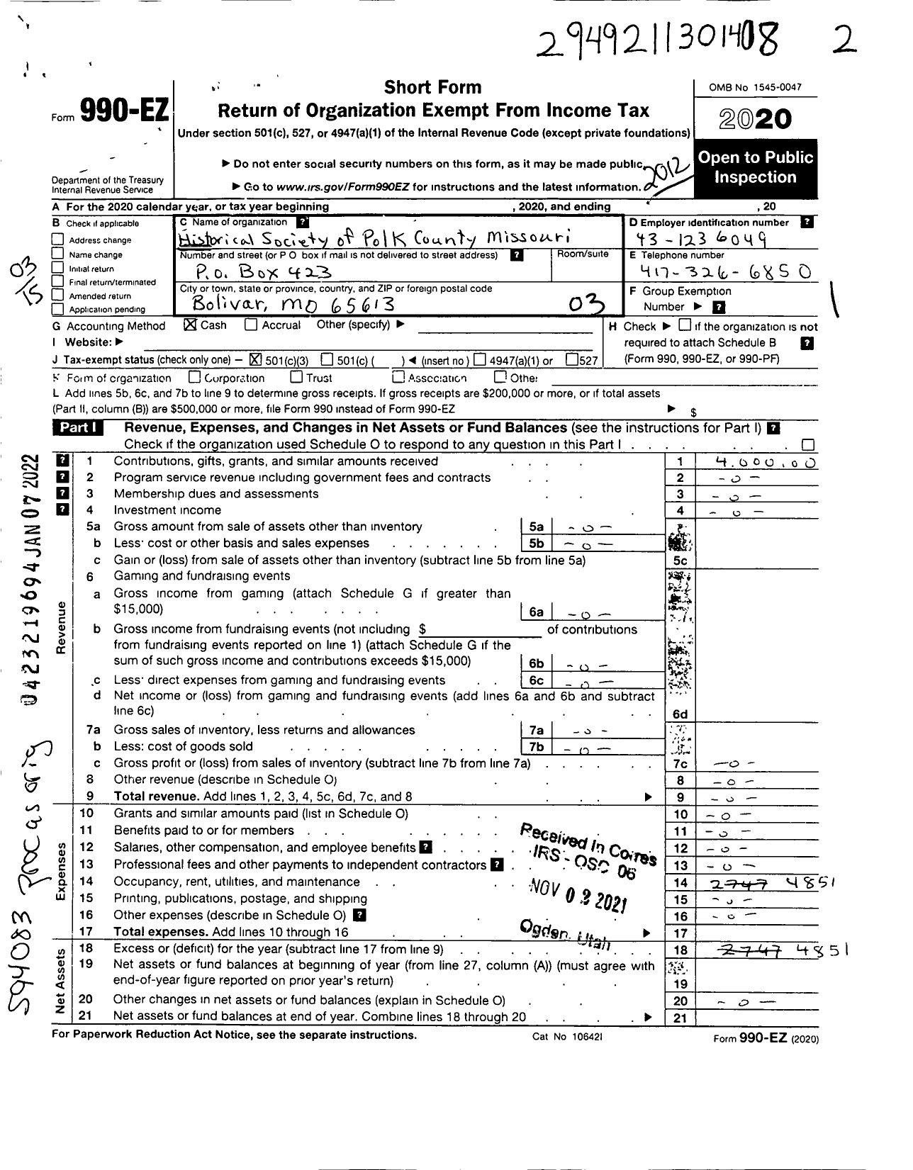 Image of first page of 2020 Form 990EZ for Historical Society of Polk County Missouri