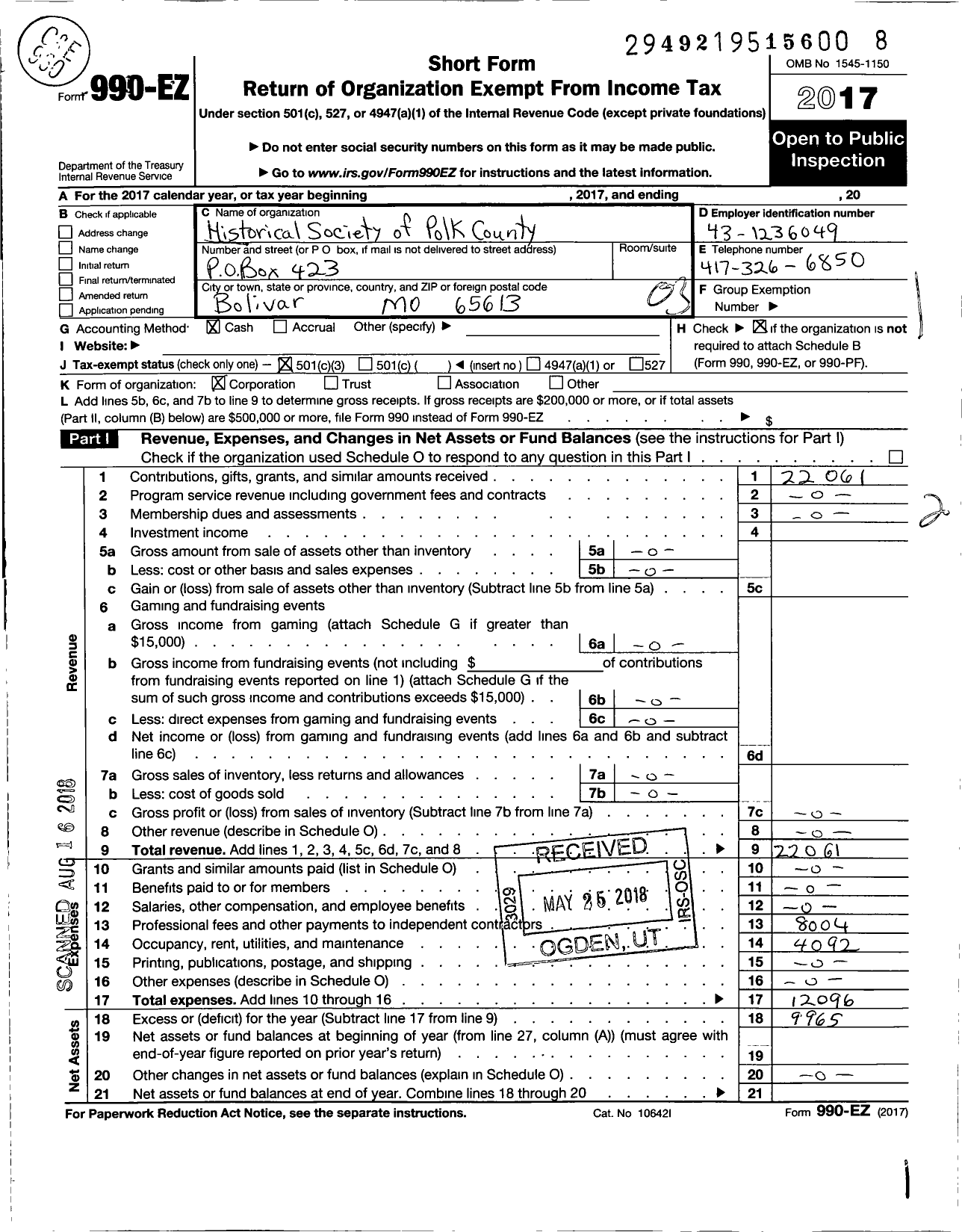 Image of first page of 2017 Form 990EZ for Historical Society of Polk County Missouri