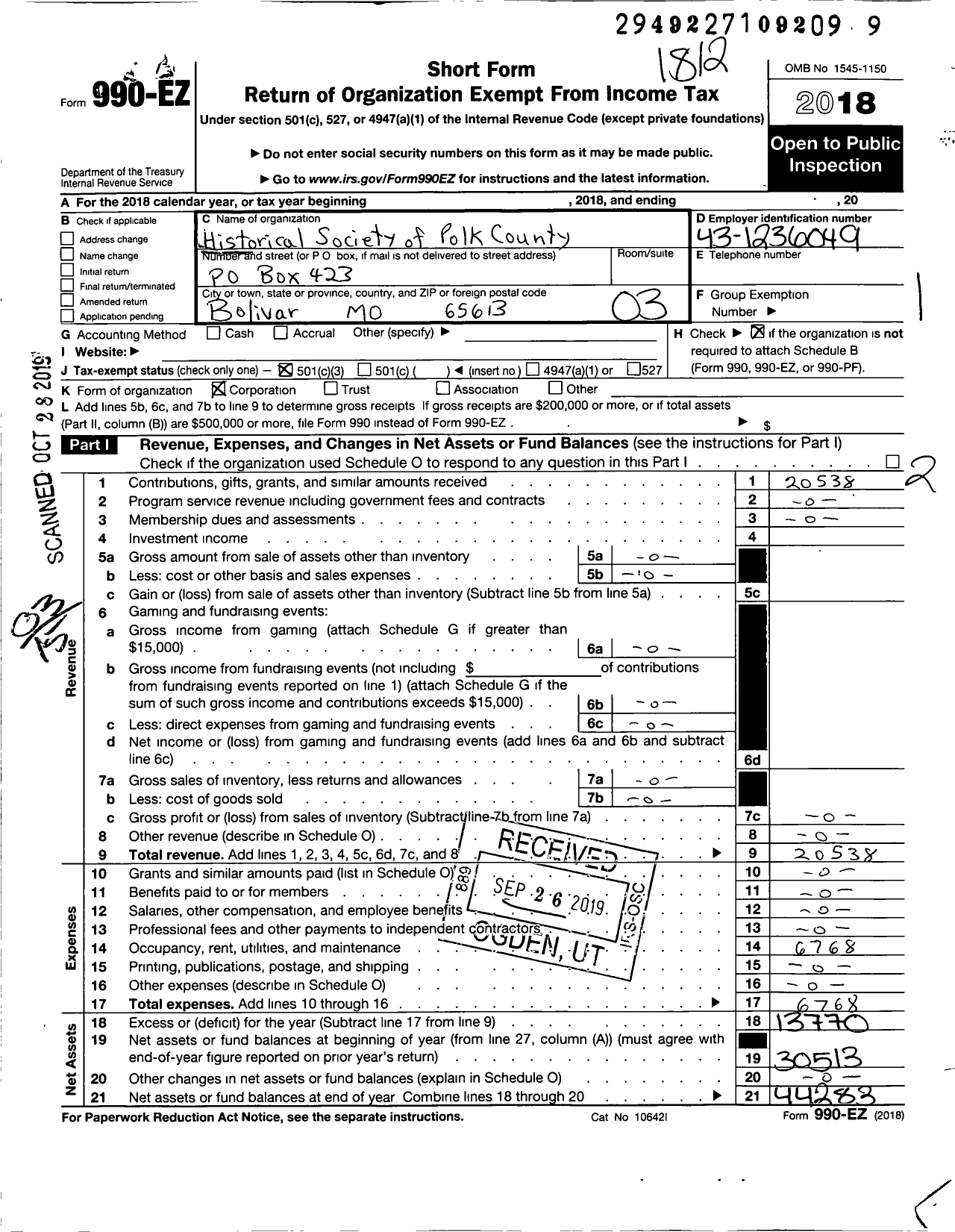 Image of first page of 2018 Form 990EZ for Historical Society of Polk County Missouri