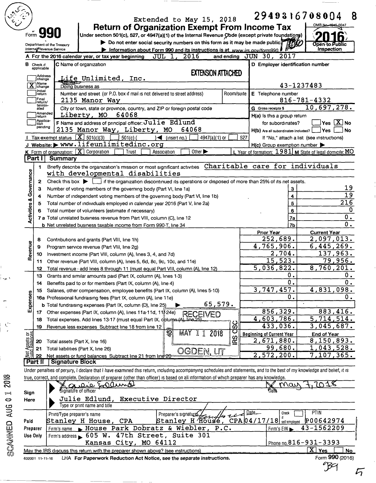 Image of first page of 2016 Form 990 for Life Unlimted