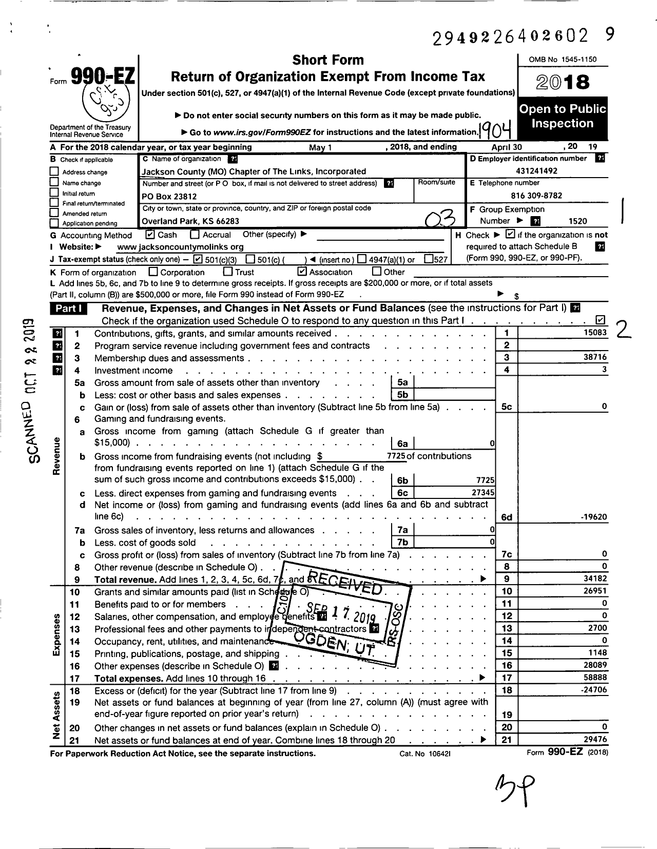 Image of first page of 2018 Form 990EZ for Jackson County