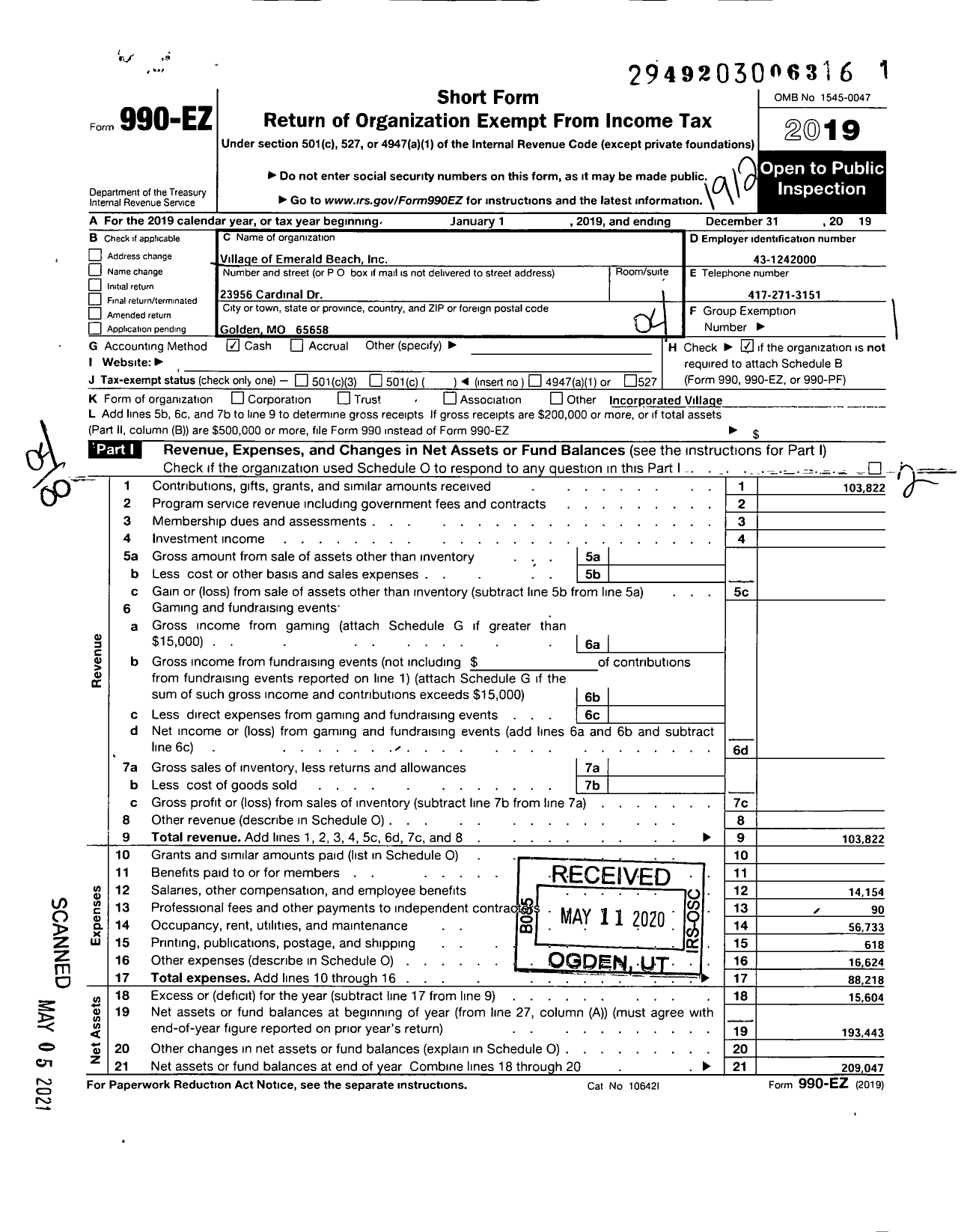 Image of first page of 2019 Form 990EO for Village of Emerald Beach