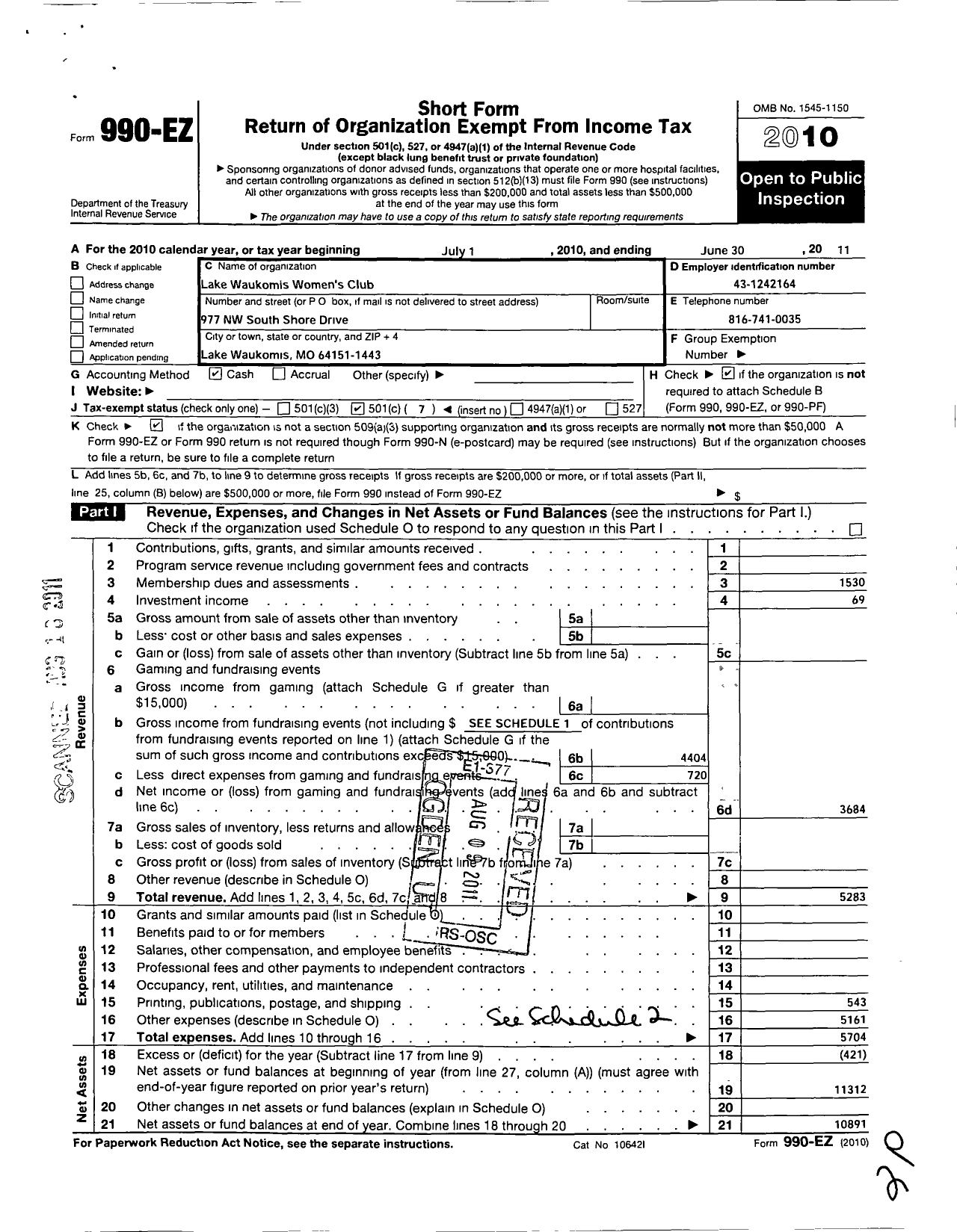 Image of first page of 2010 Form 990EO for Lake Waukomis Womens Club