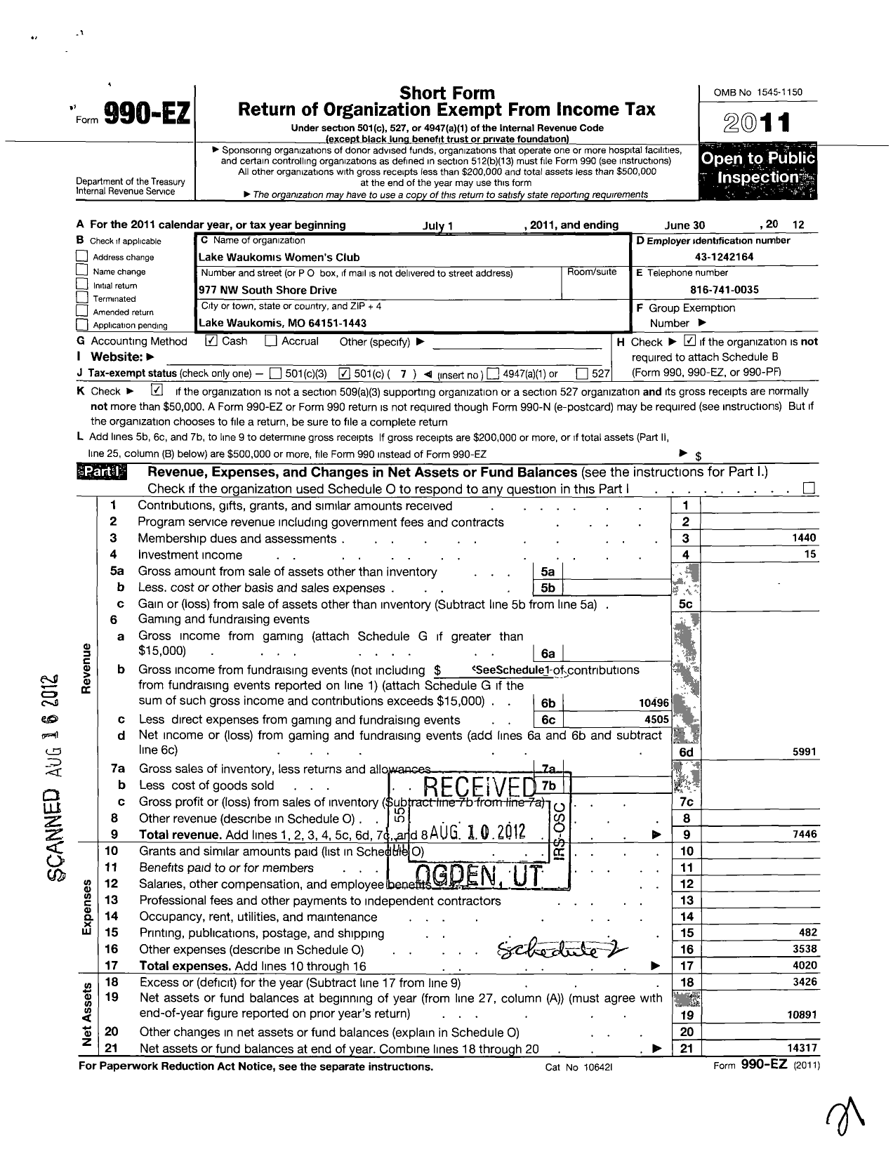 Image of first page of 2011 Form 990EO for Lake Waukomis Womens Club