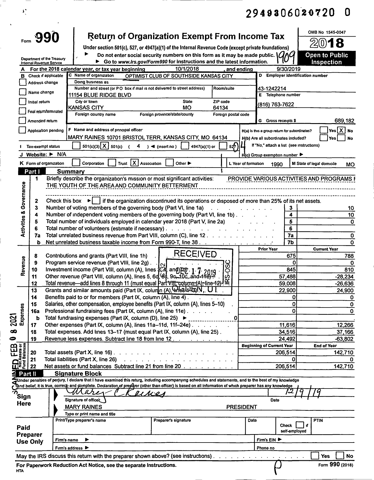 Image of first page of 2018 Form 990O for Optimist International - 36400 Oc of Kansas City-South Side