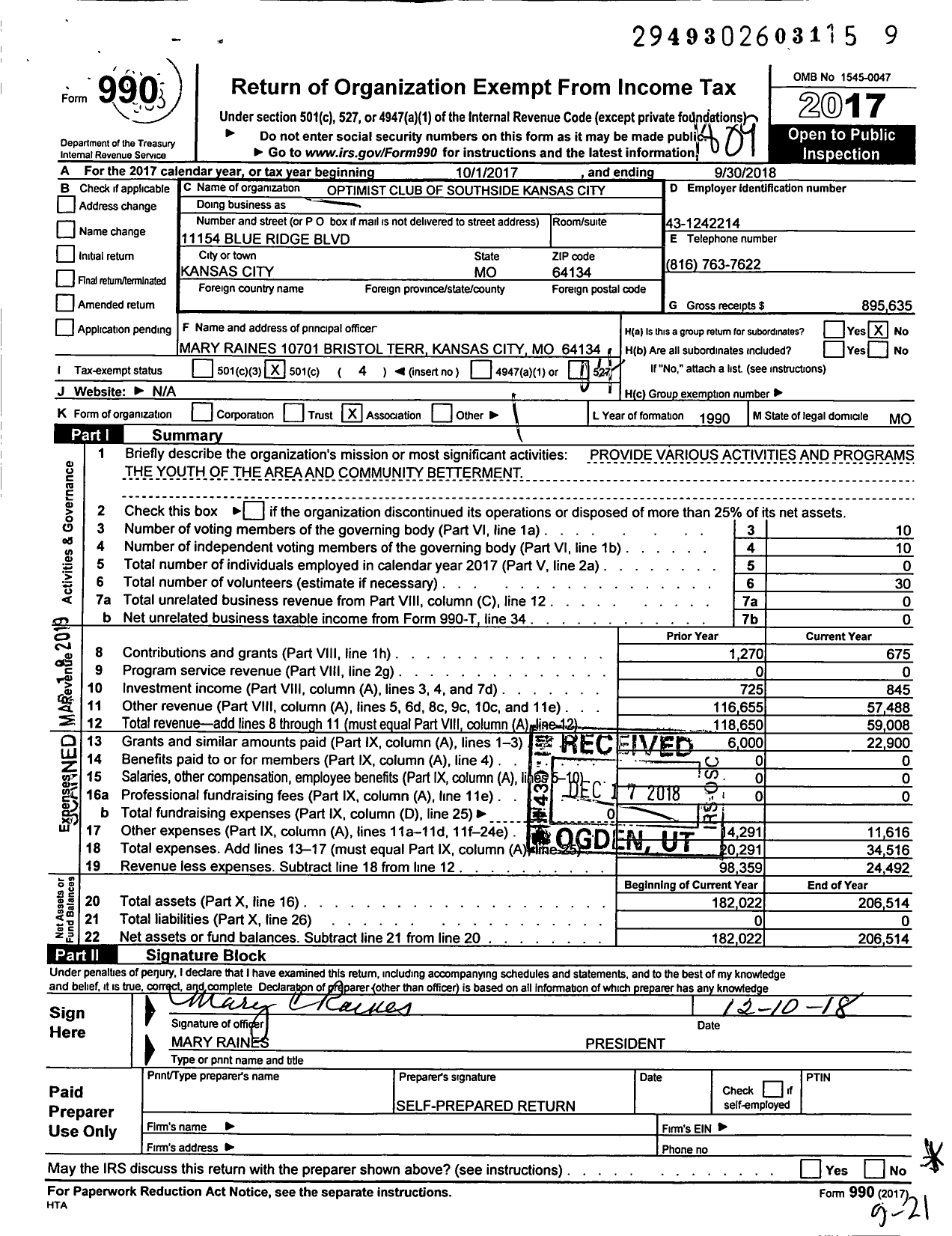 Image of first page of 2017 Form 990O for Optimist International - 36400 Oc of Kansas City-South Side