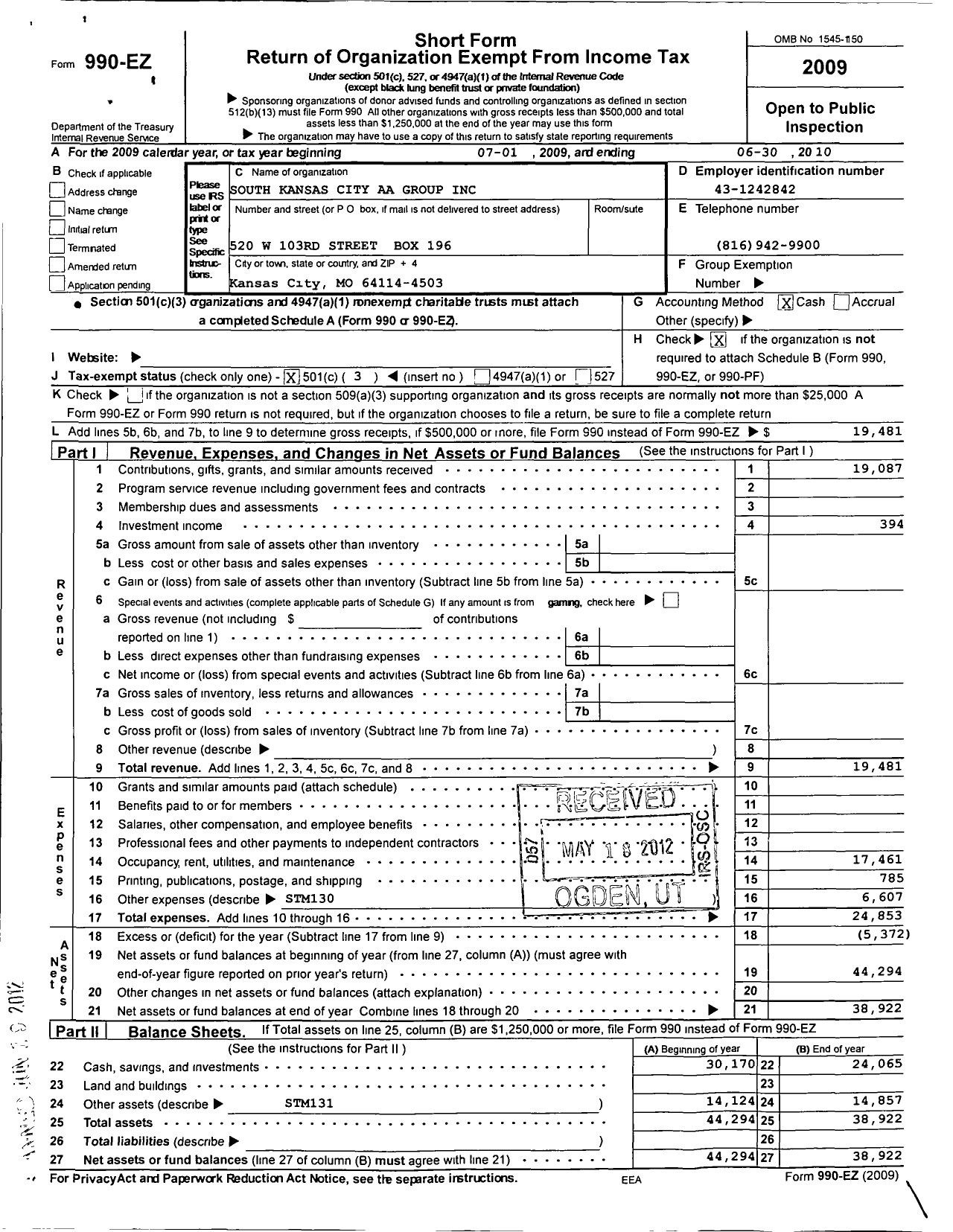 Image of first page of 2009 Form 990EZ for South Kansas City Aa Group