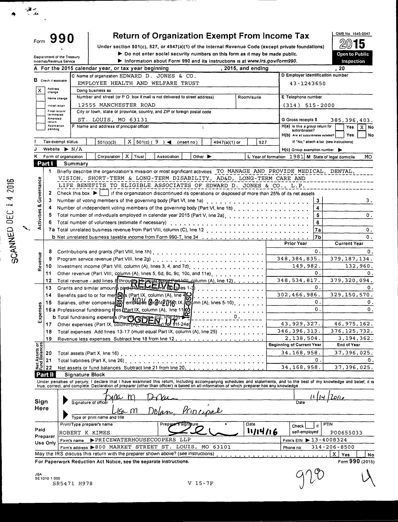 Image of first page of 2015 Form 990O for Edward D Jones and Employees Health and Welfare Trust
