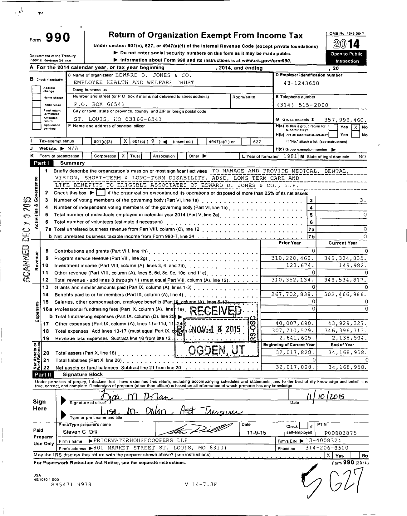 Image of first page of 2014 Form 990O for Edward D Jones and Employees Health and Welfare Trust