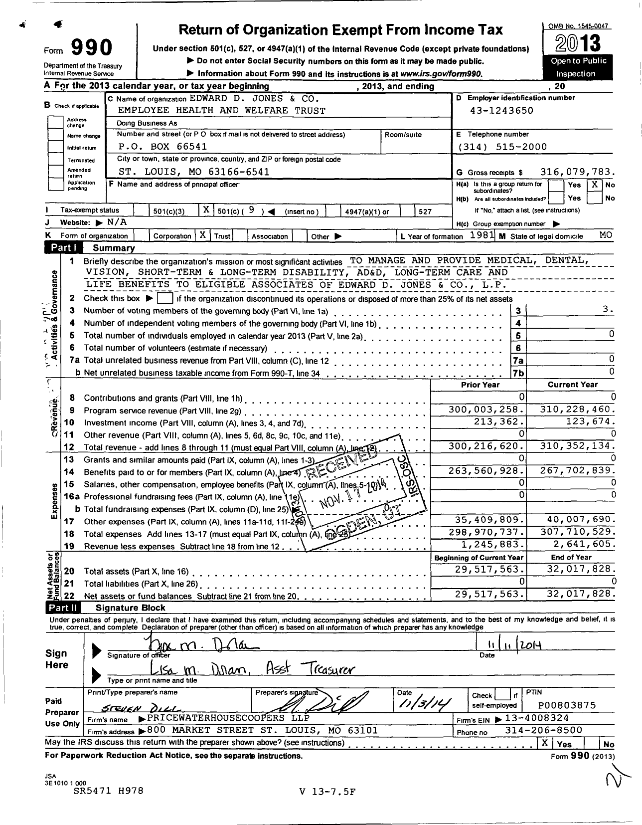 Image of first page of 2013 Form 990O for Edward D Jones and Employees Health and Welfare Trust