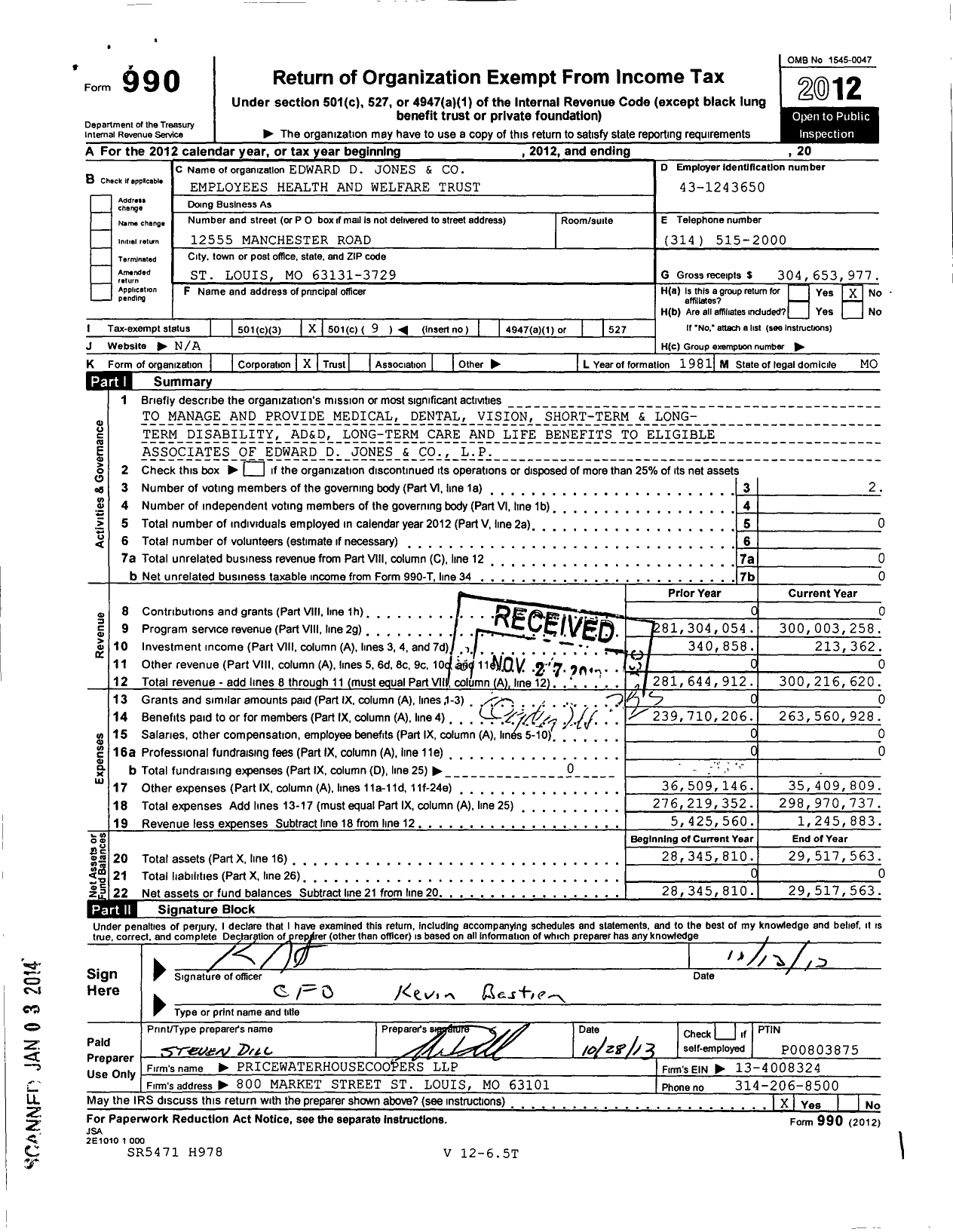 Image of first page of 2012 Form 990O for Edward D Jones and Employees Health and Welfare Trust
