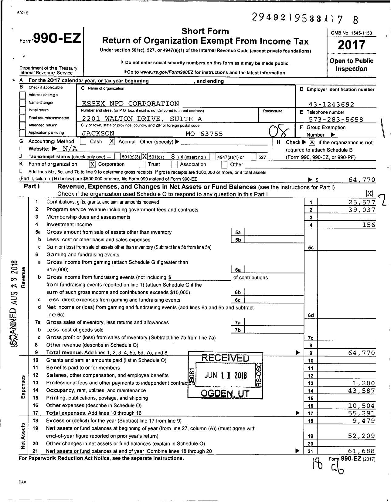 Image of first page of 2017 Form 990EO for Essex NPD Corporation