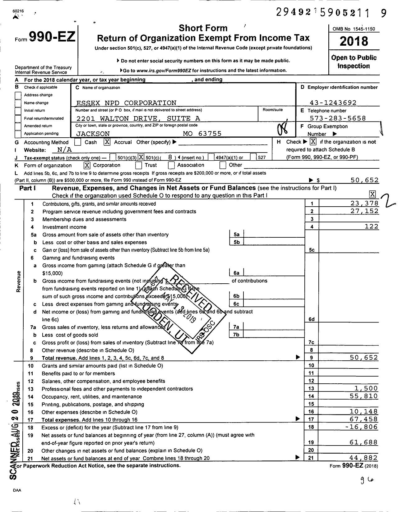 Image of first page of 2018 Form 990EO for Essex NPD Corporation