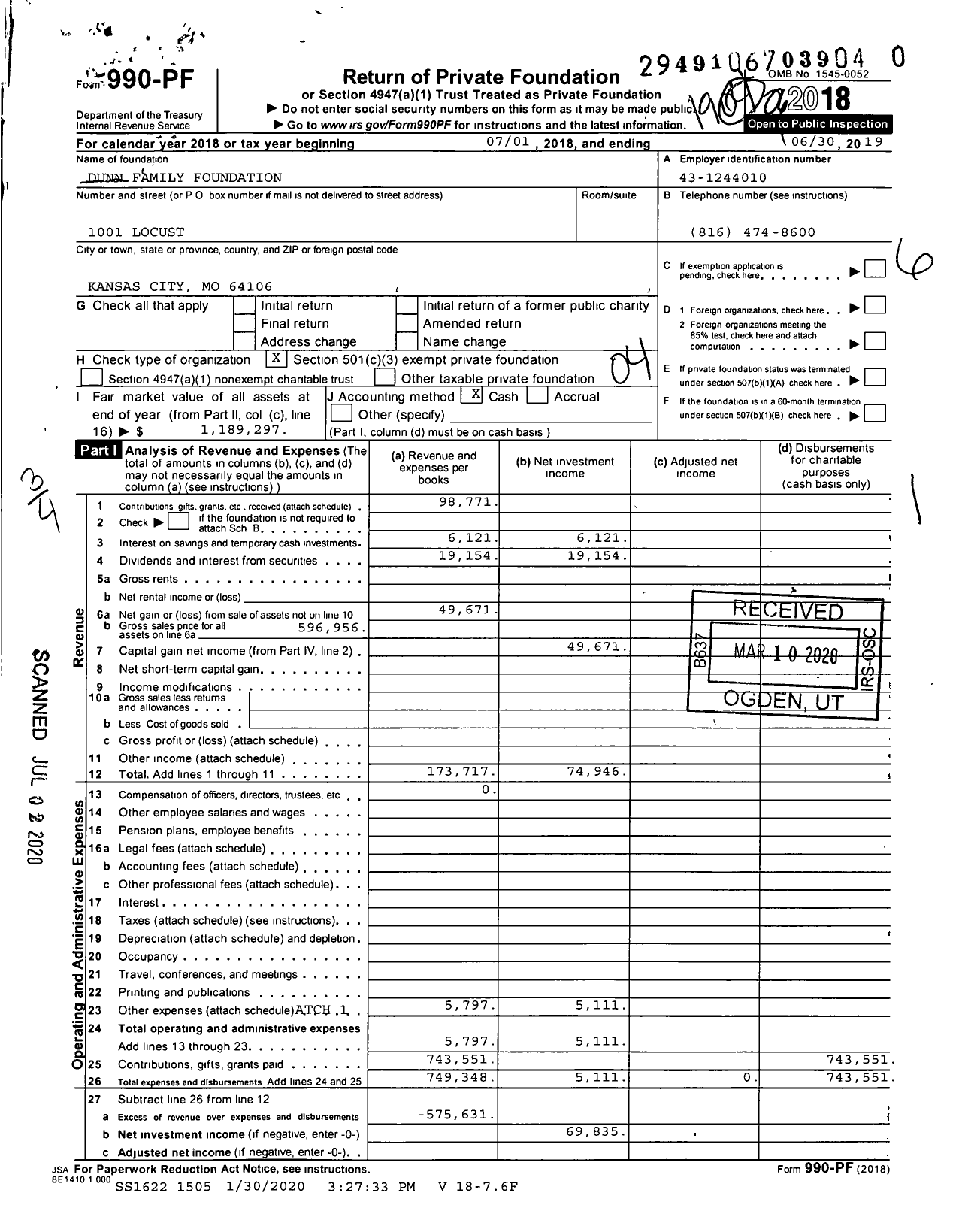 Image of first page of 2018 Form 990PR for Dunn Family Foundation