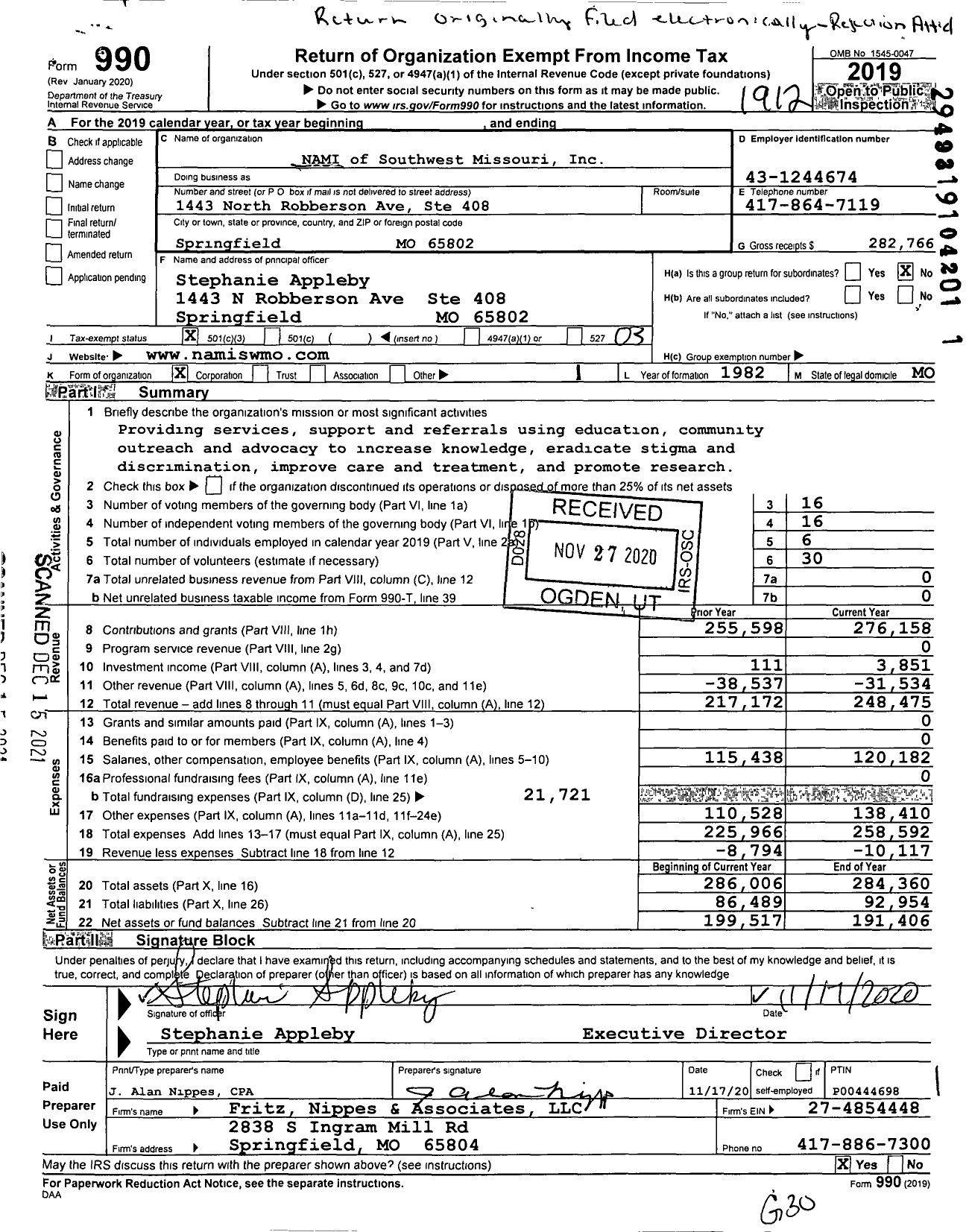 Image of first page of 2019 Form 990 for NAMI of Southwest Missouri