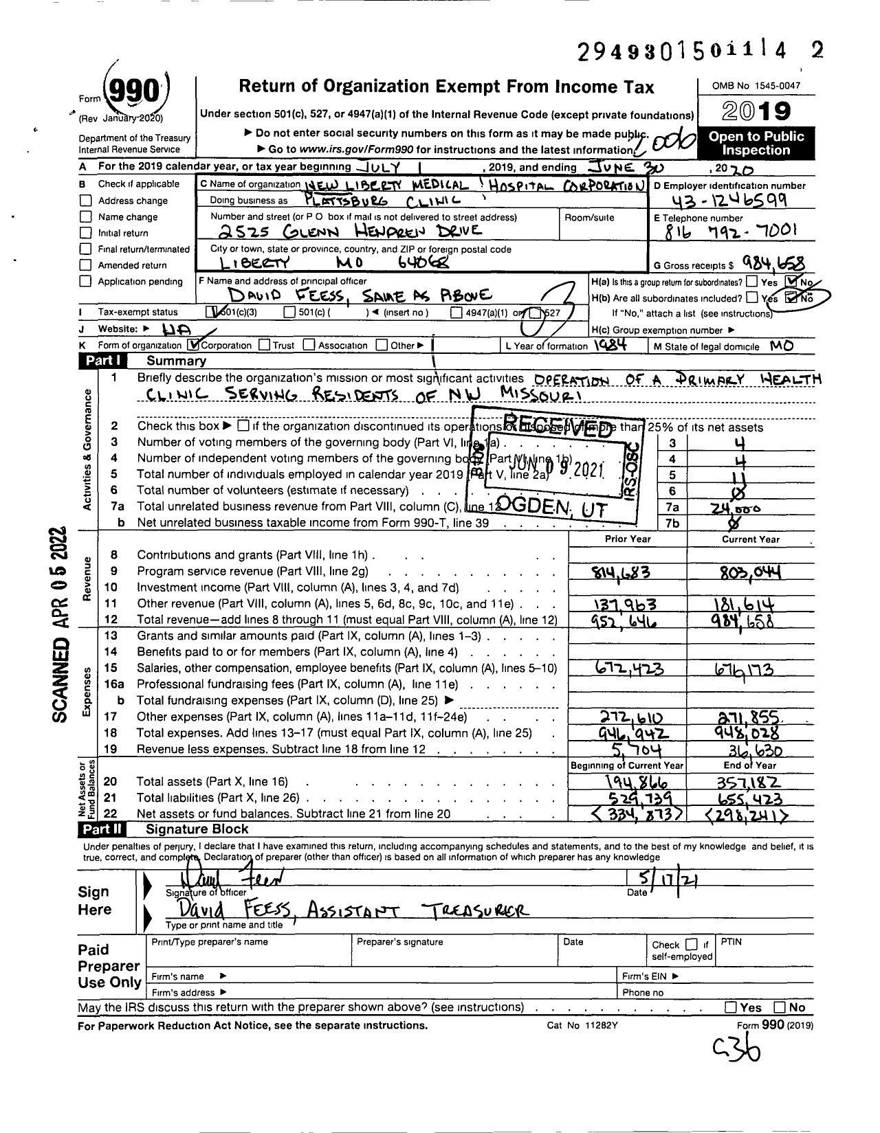 Image of first page of 2019 Form 990 for Plattsburg Medical Clinic