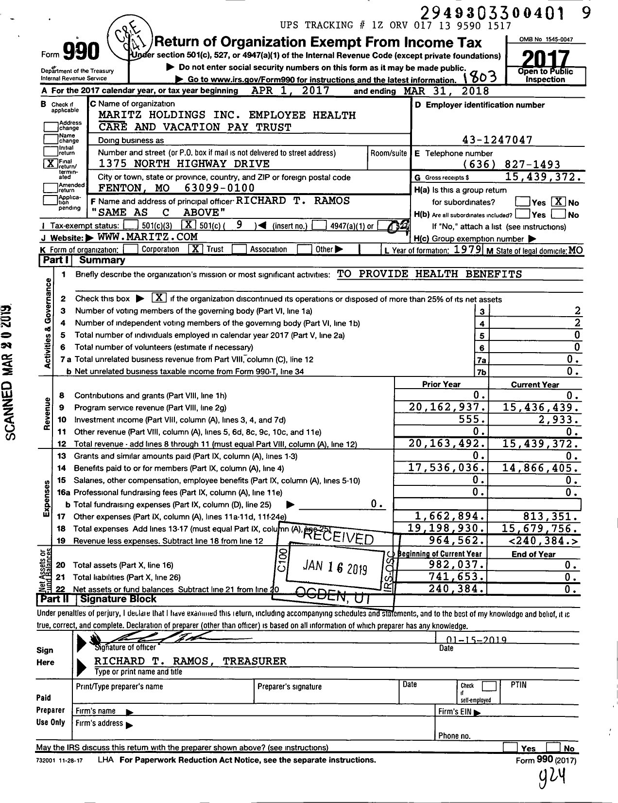 Image of first page of 2017 Form 990O for Maritz Holdings Employee Health Care and Vacation Pay Trust