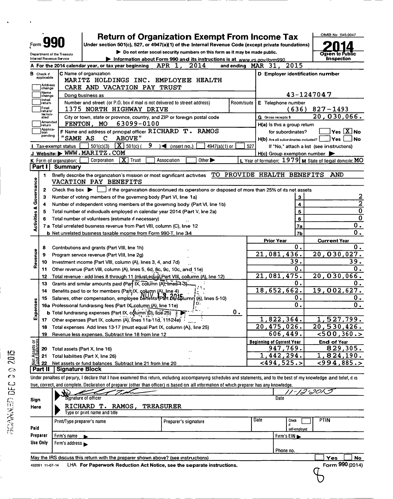 Image of first page of 2014 Form 990O for Maritz Holdings Employee Health Care and Vacation Pay Trust