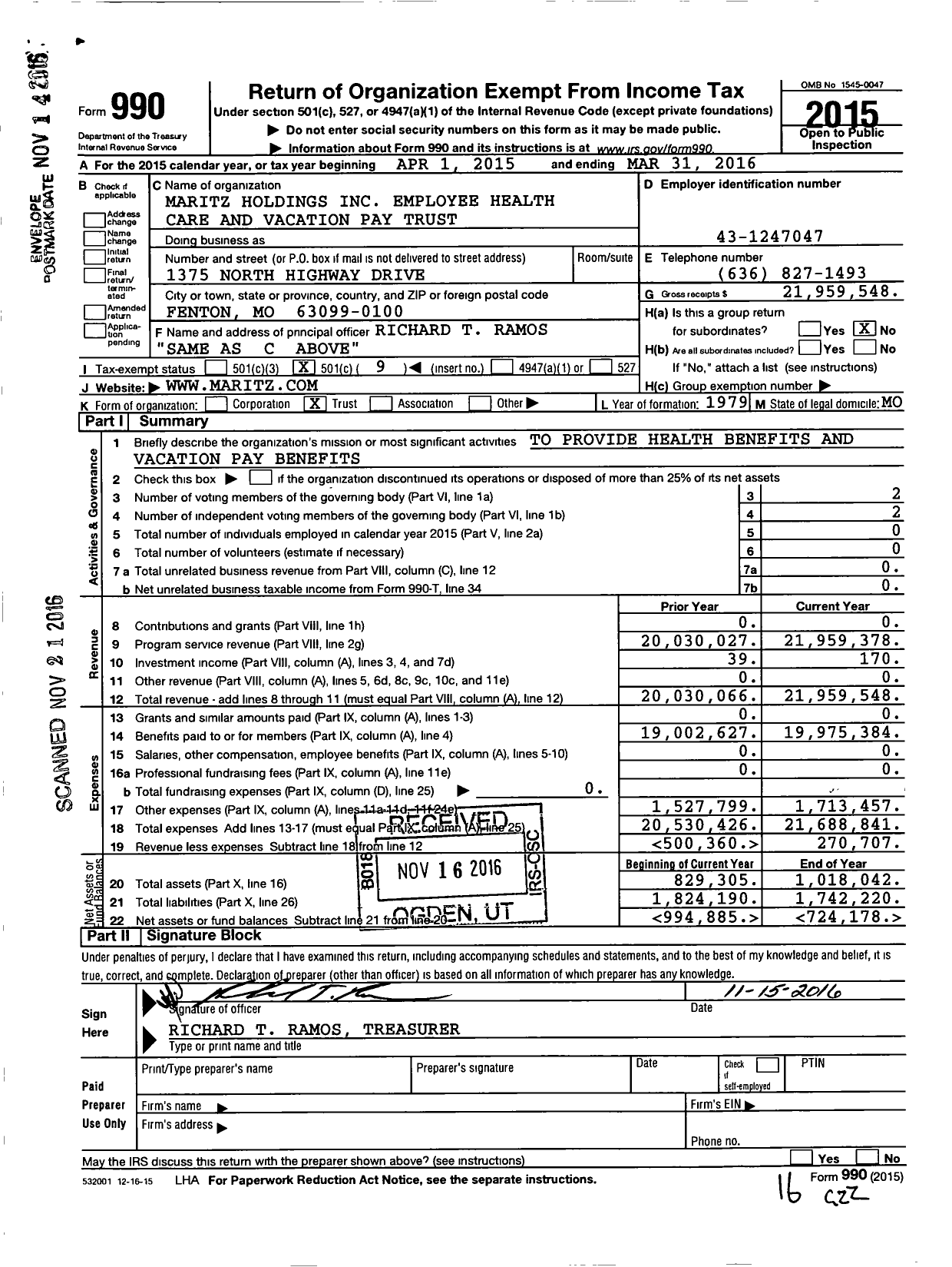 Image of first page of 2015 Form 990O for Maritz Holdings Employee Health Care and Vacation Pay Trust