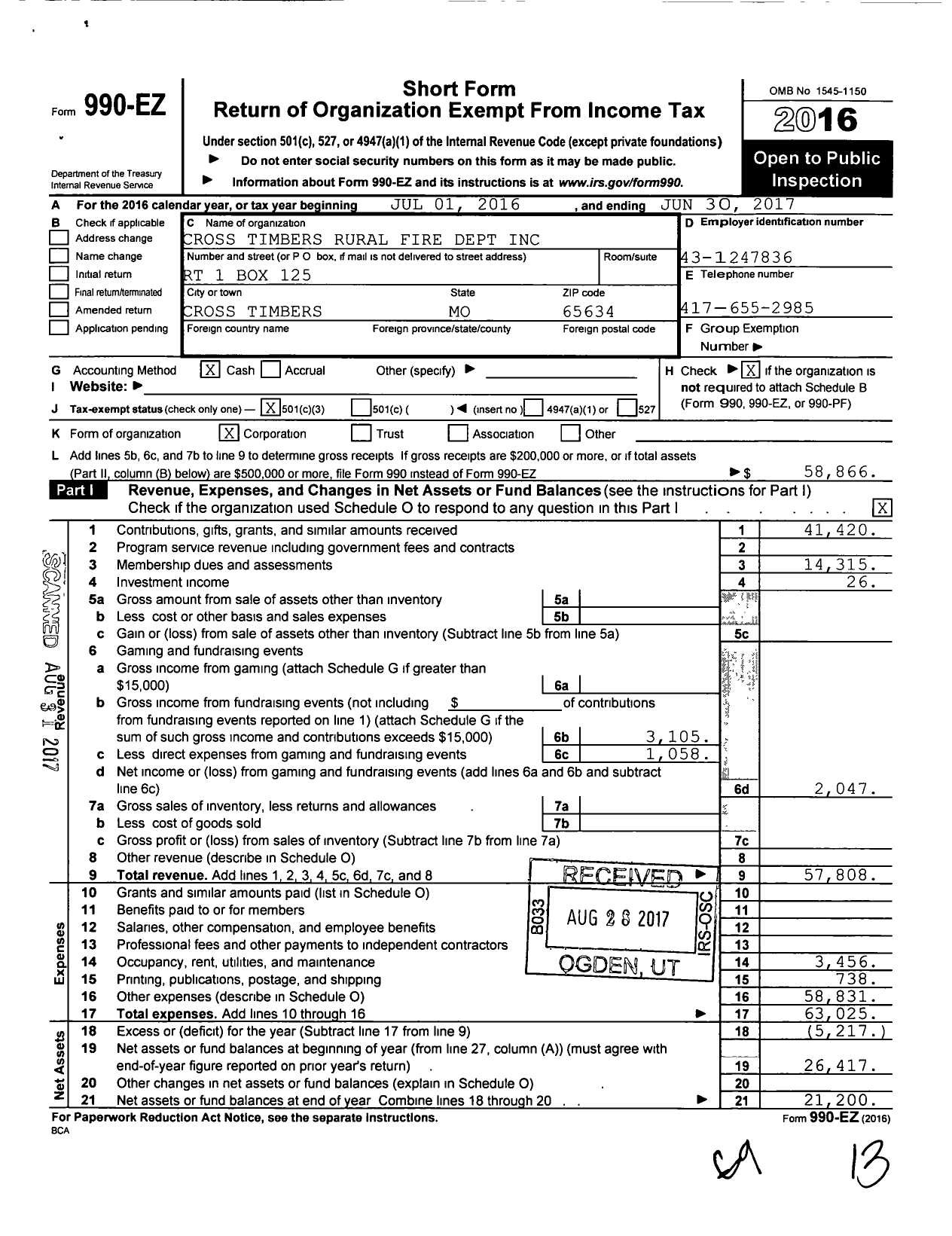 Image of first page of 2016 Form 990EZ for Cross Timbers Rural Fire Department