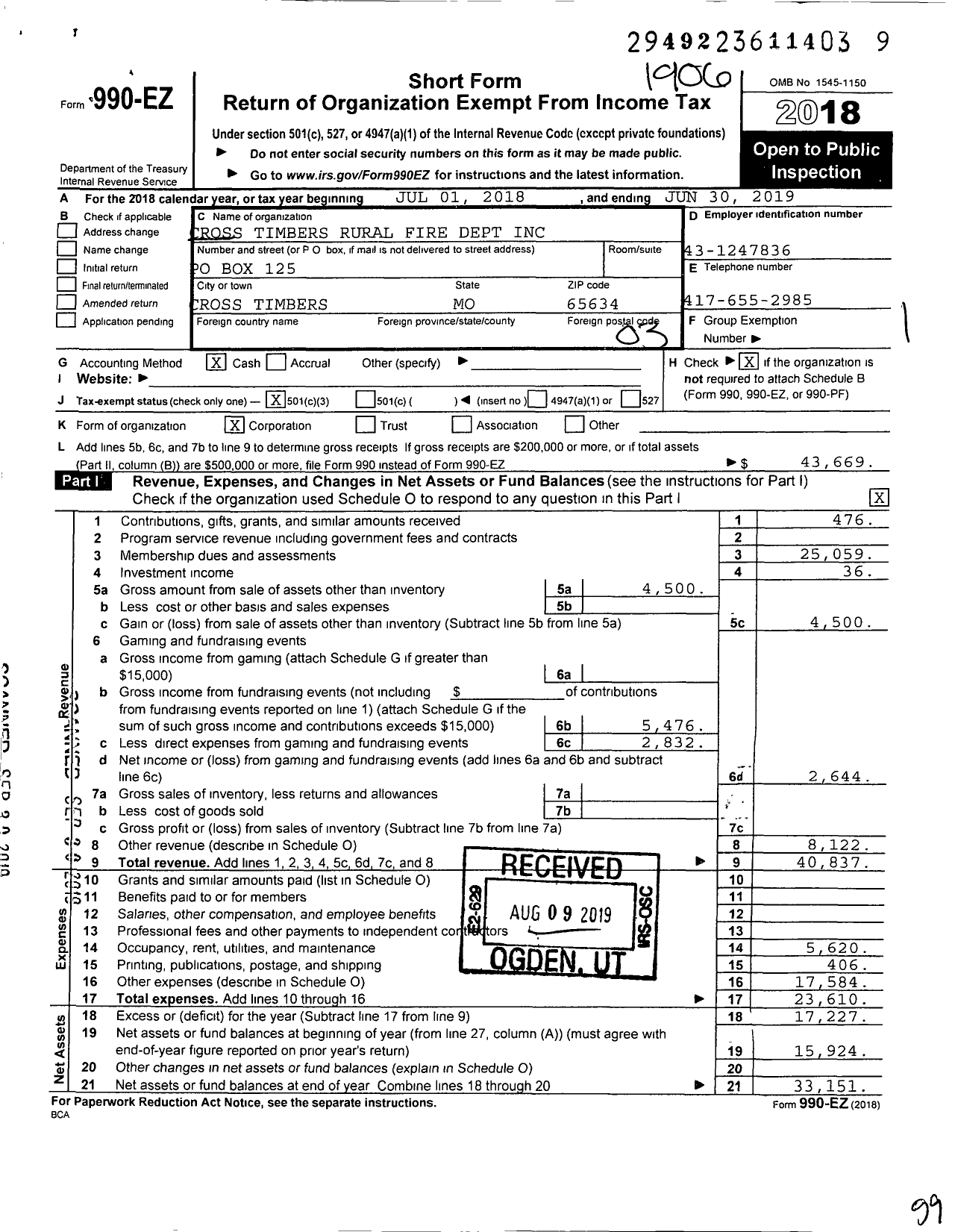 Image of first page of 2018 Form 990EZ for Cross Timbers Rural Fire Department