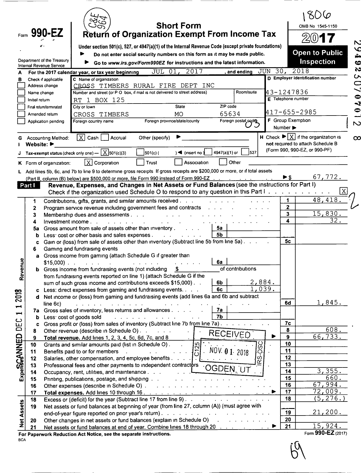 Image of first page of 2017 Form 990EZ for Cross Timbers Rural Fire Department