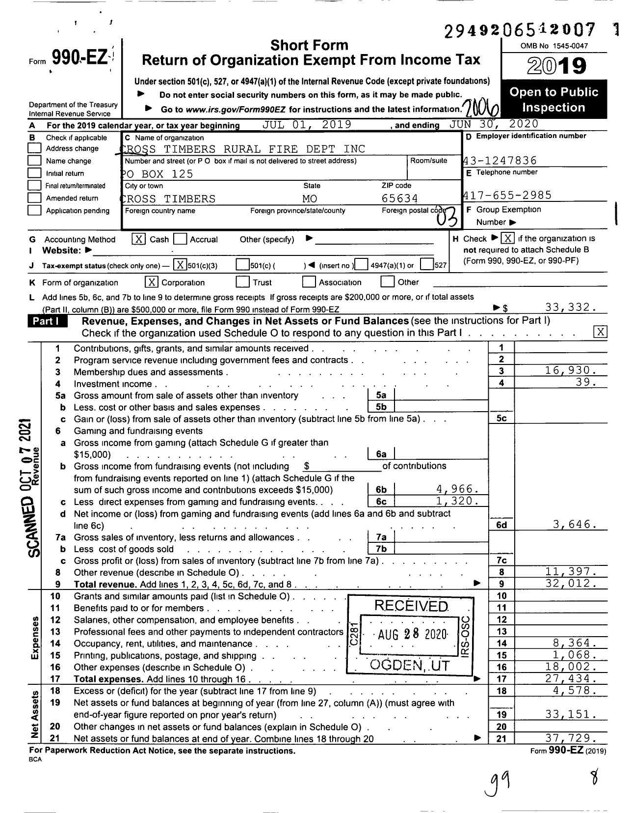 Image of first page of 2019 Form 990EZ for Cross Timbers Rural Fire Department